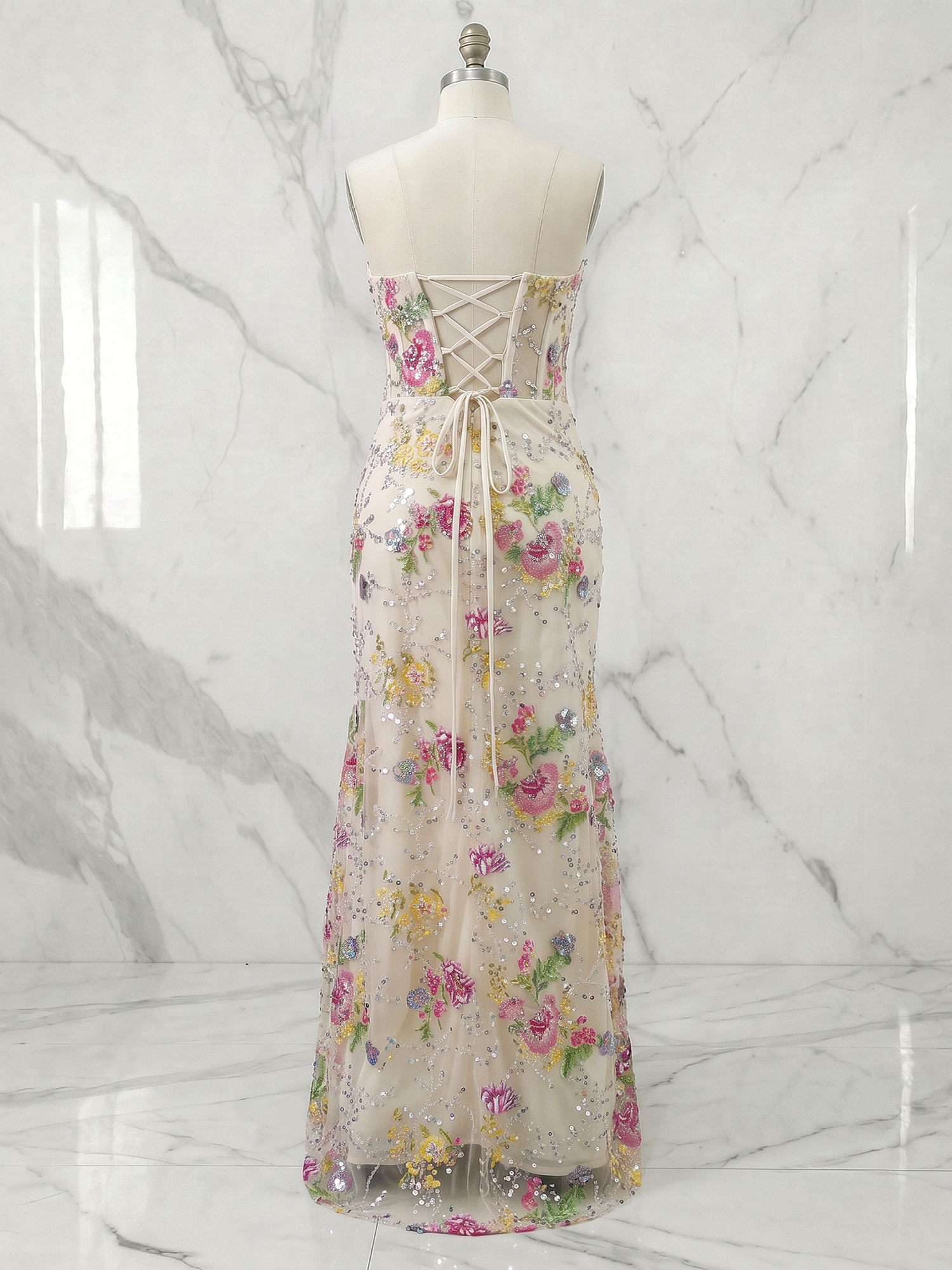 Champagne Floral Embroidered Sequin Corset Slit Maxi Prom Dress