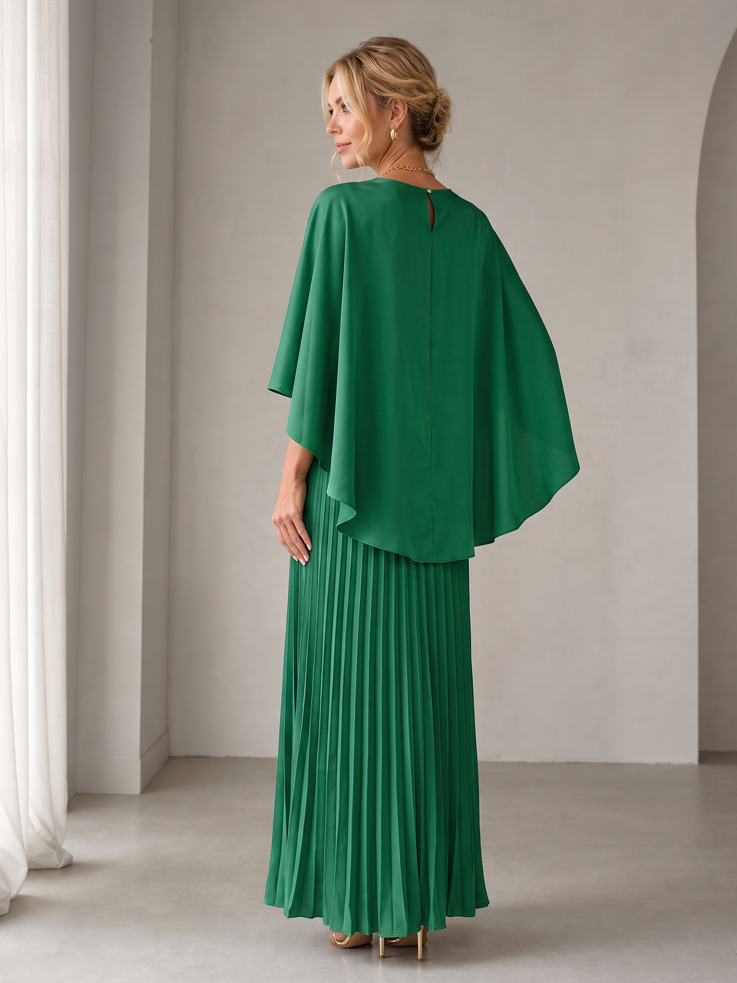 Emerald Green Cape-Overlay Pleated Crew Neck A-Line Midi Evening Gown Dress 