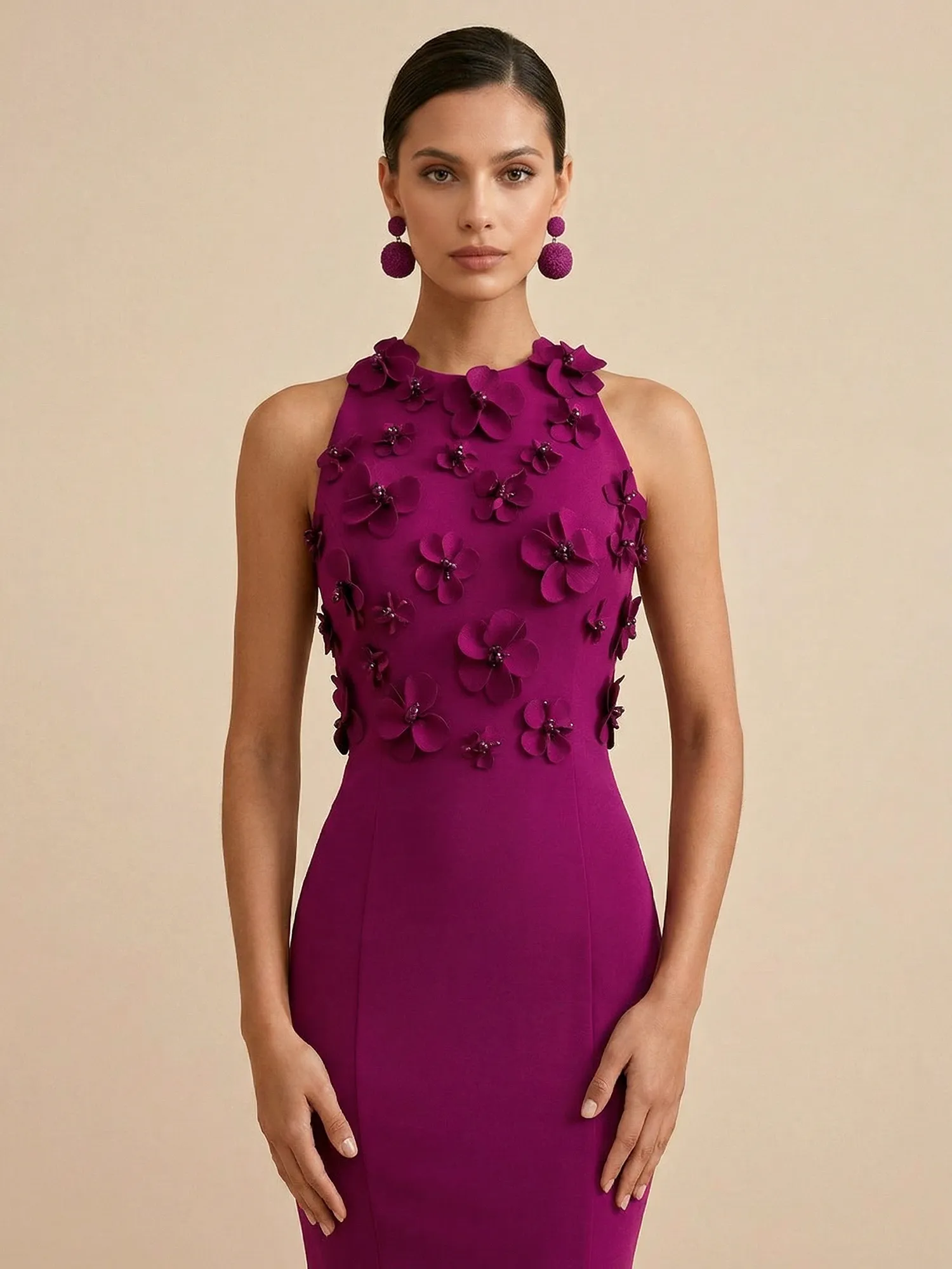 Scoop Neck 3D Floral Appliqué Crepe Mermaid Evening Gown
