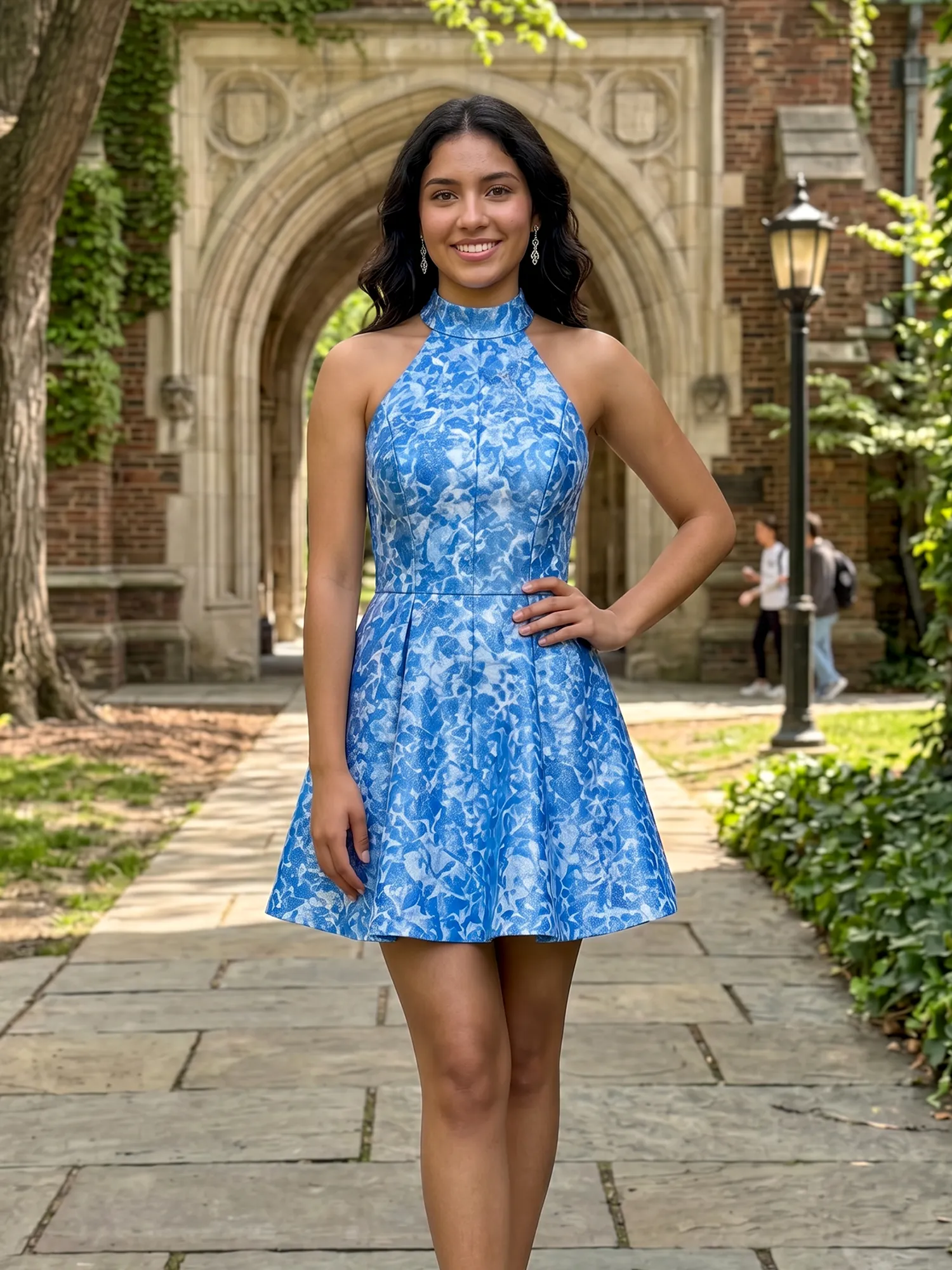 Blue Floral Print Halter Neck A-Line Homecoming Dress
