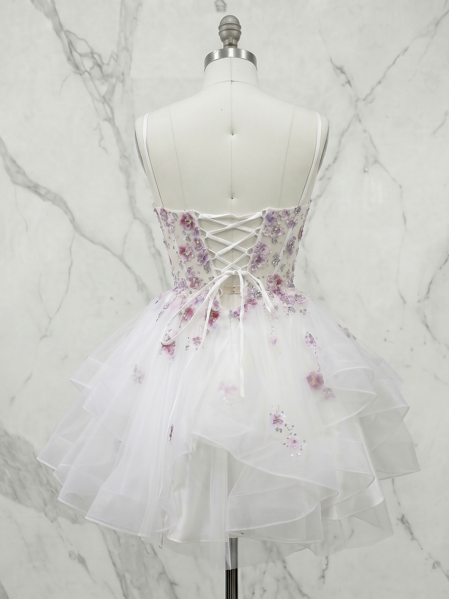 Lavender Mist 3D Floral Corset Tiered Mini Dress with Slender Straps Homecoming Dress