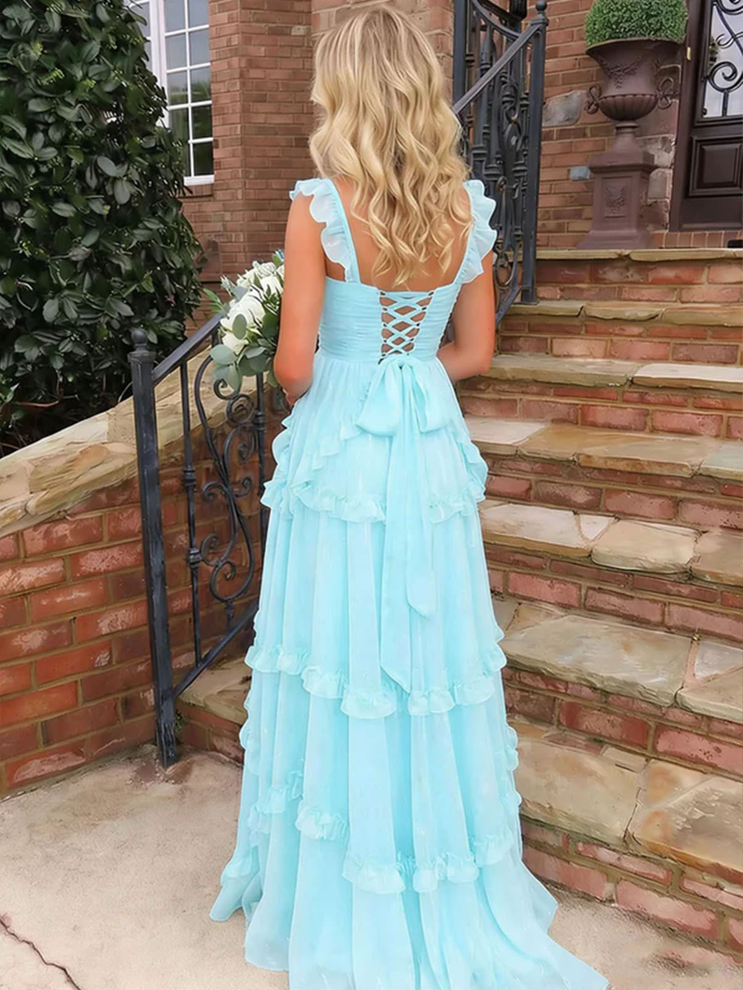 Ethereal Sky Blue Tiered Ruffle Chiffon Maxi Dress Gown
