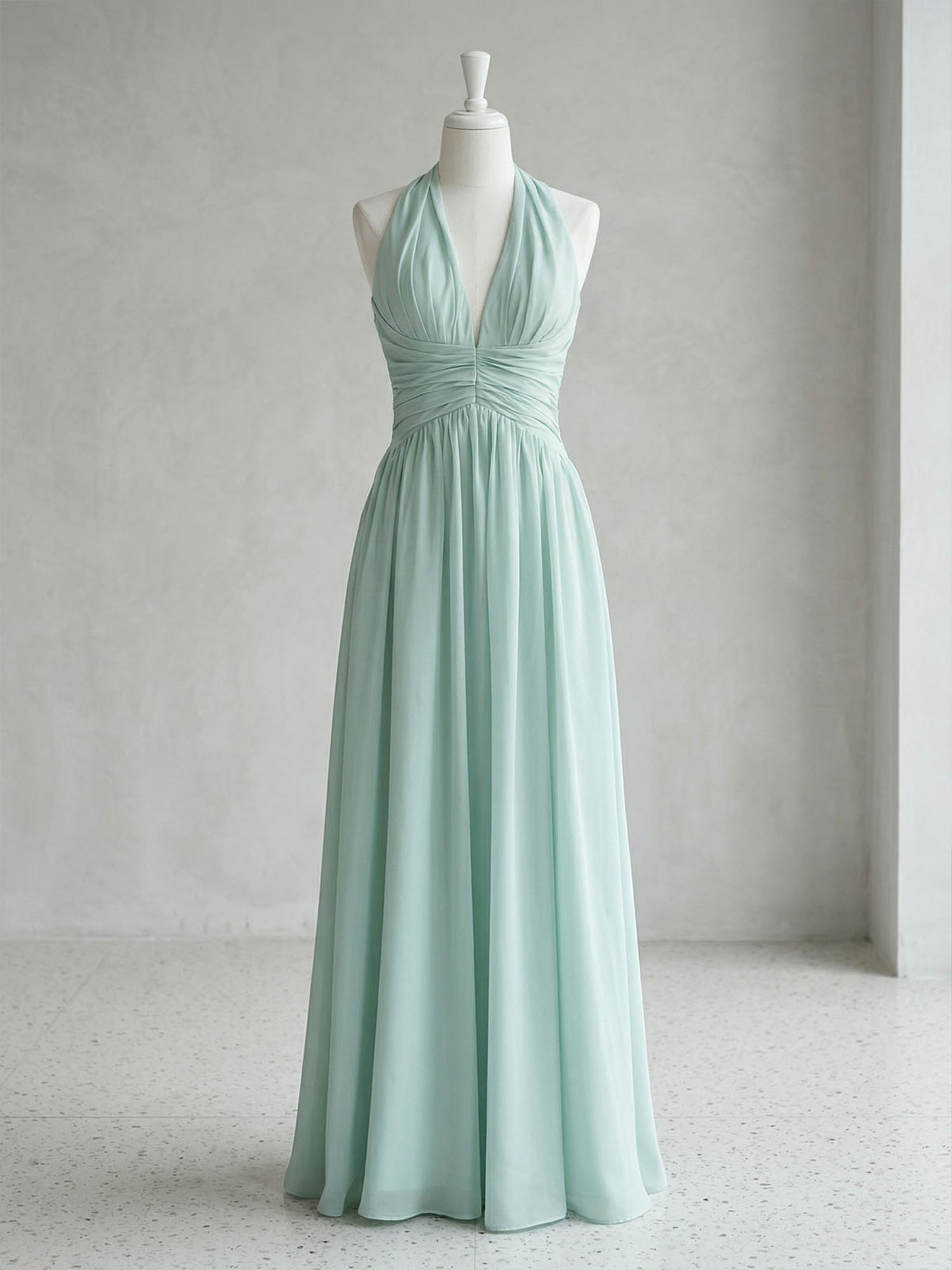 Elegant Sage Green Halter Chiffon Maxi Gown