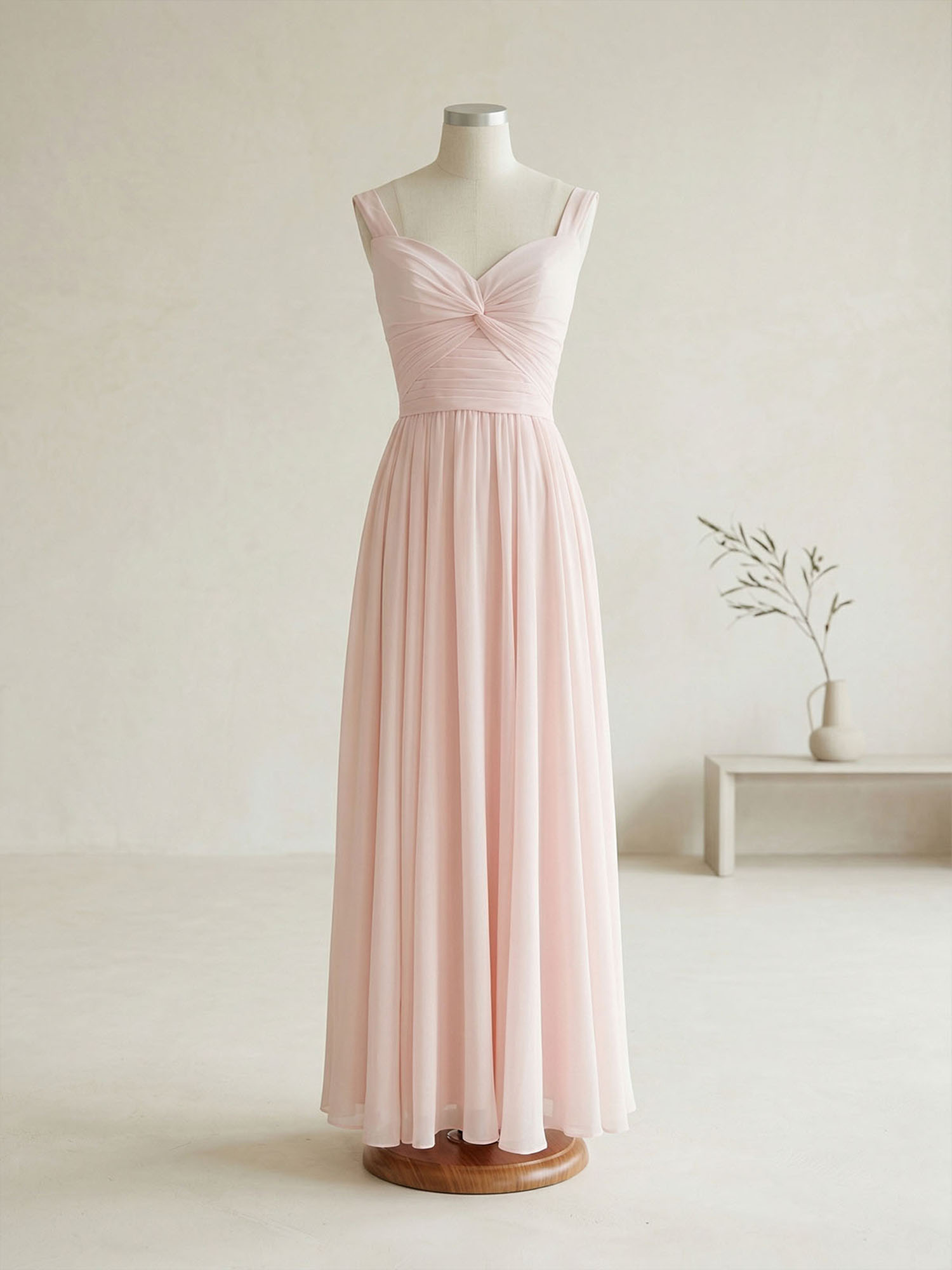 Elegant Soft Blush Twist-Front Chiffon Maxi Gown