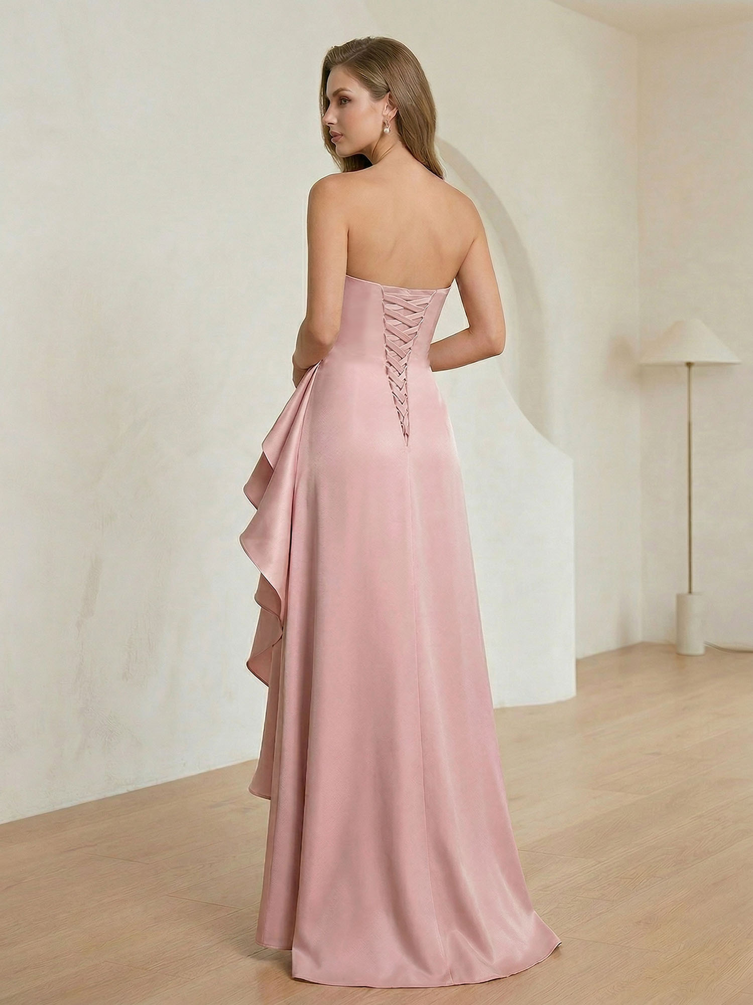 Formal Evening Dress Blush Strapless Ruffle Maxi Dress Gown
