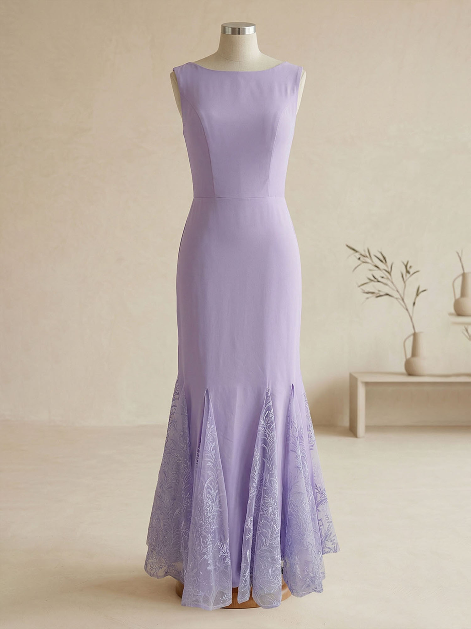 Elegant Formal Evening Gown Lilac Sleeveless Midi Dress with Embroidered Lace Godets