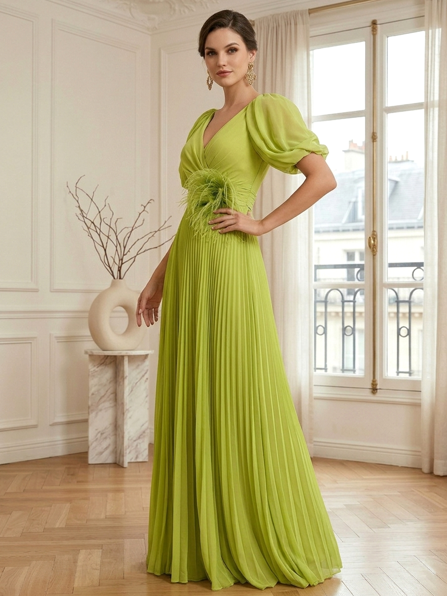 A-Line Chiffon Evening Gown with Feather V-Neck Short Sleeves Formal Dress