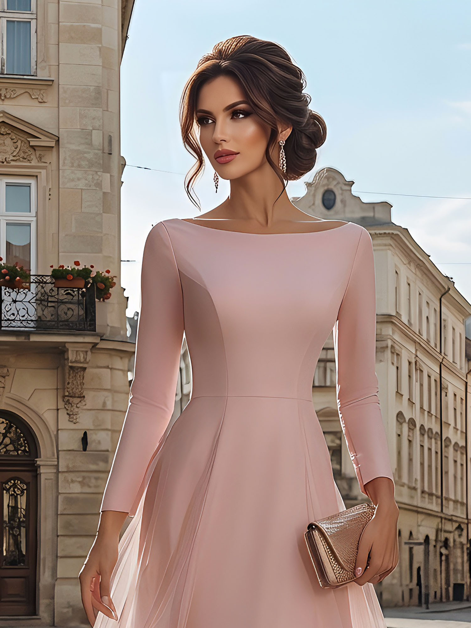 Timeless Evening Foraml Gown Blush Pink Long-Sleeve Layered Organza Midi Dress