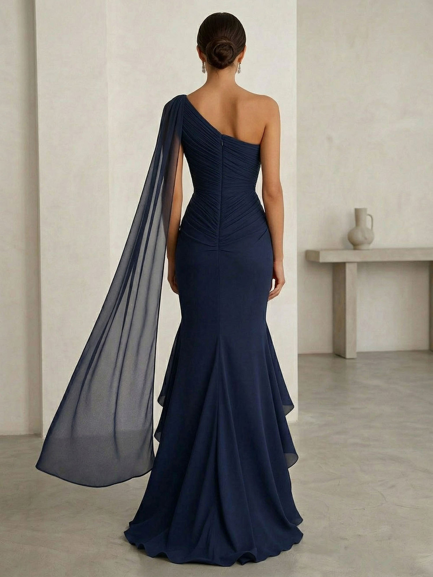 One-Shoulder Cape Sleeve Draped Mermaid Gown with Ruffle Hem