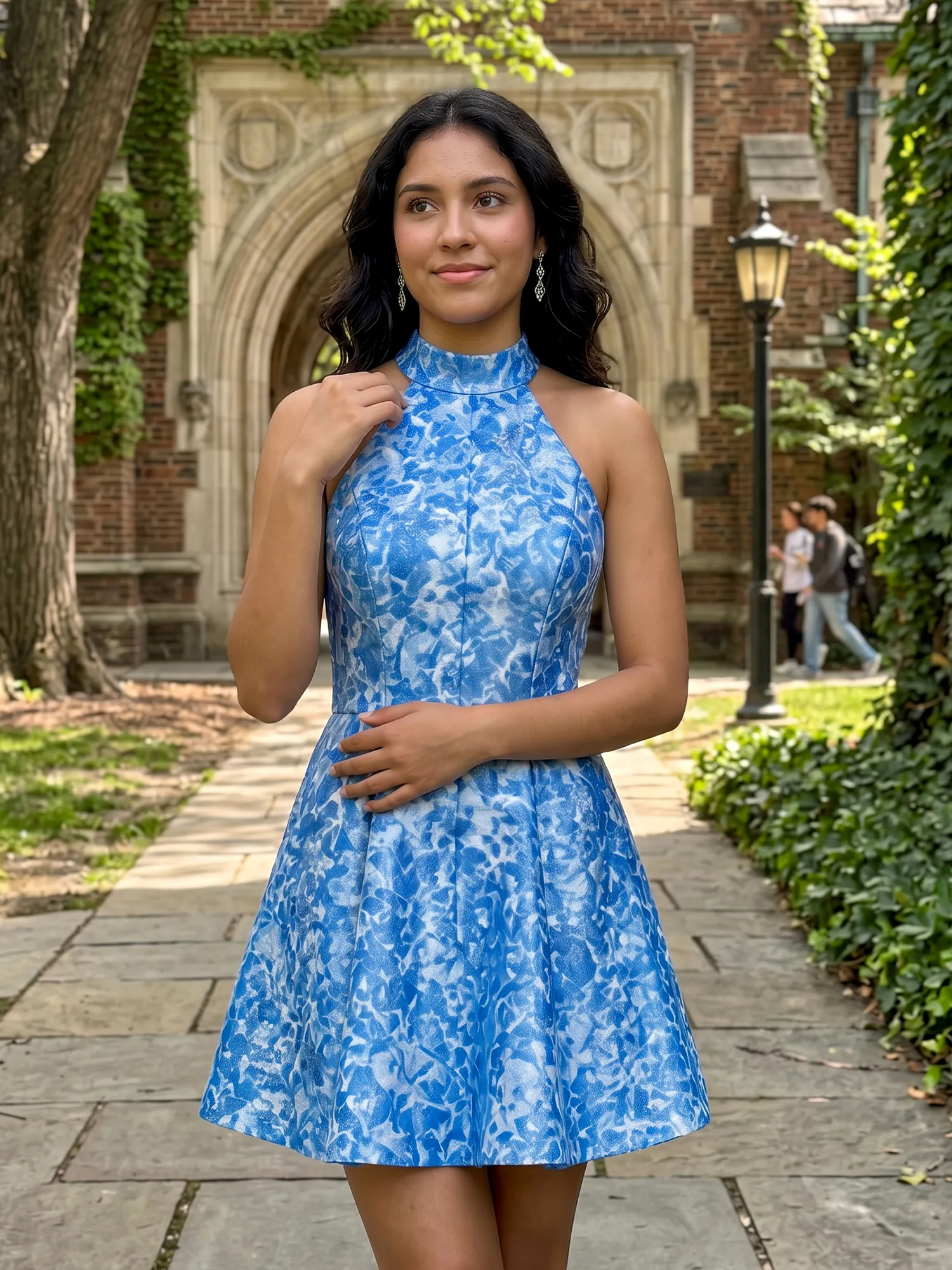 Blue Floral Print Halter Neck A-Line Homecoming Dress