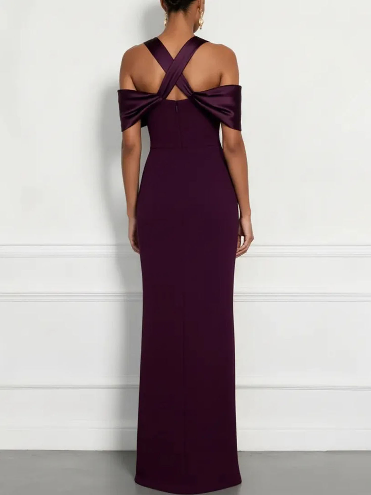  Regal Plum Crepe Column Gown with Satin Criss-Cross Halter Maxi Dress