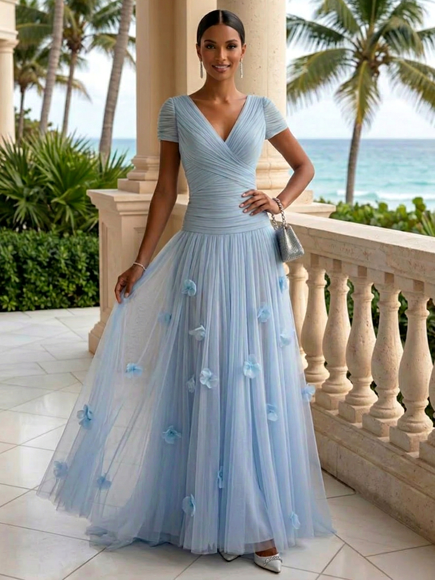 Elegant V-Neck Ruched Tulle A-Line Evening Gown with 3D Floral Appliqués