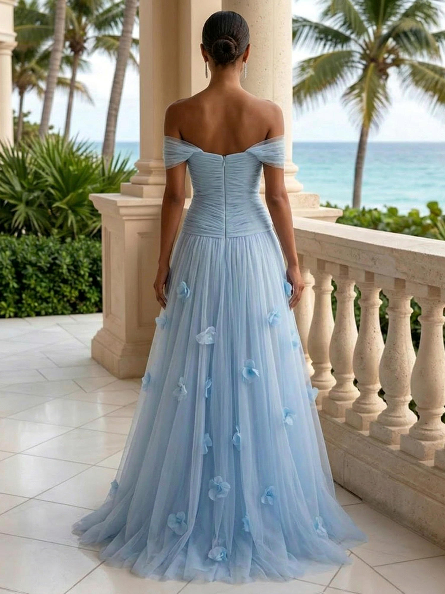 Elegant Off-the-Shoulder Ruched Tulle A-Line Evening Gown with 3D Floral Appliqués