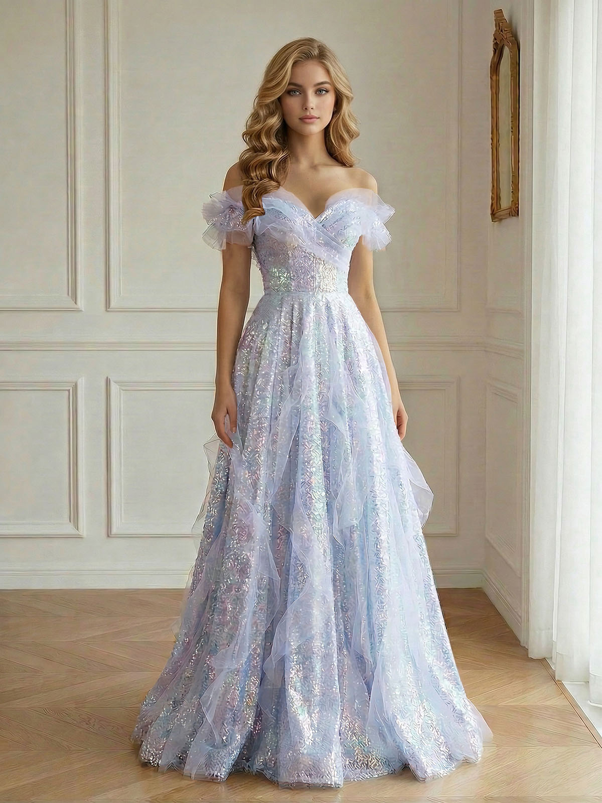 Enchanting Off-the-Shoulder Sequin Tulle A-Line Gown with Ruffled Detailing