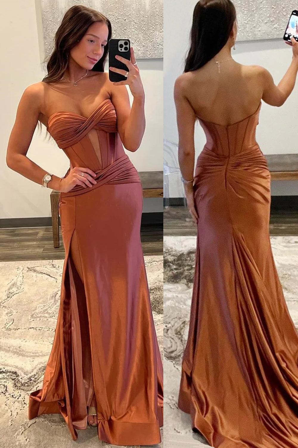 Black Mermaid Strapless Keyhole Satin Long Prom Dress with Slit