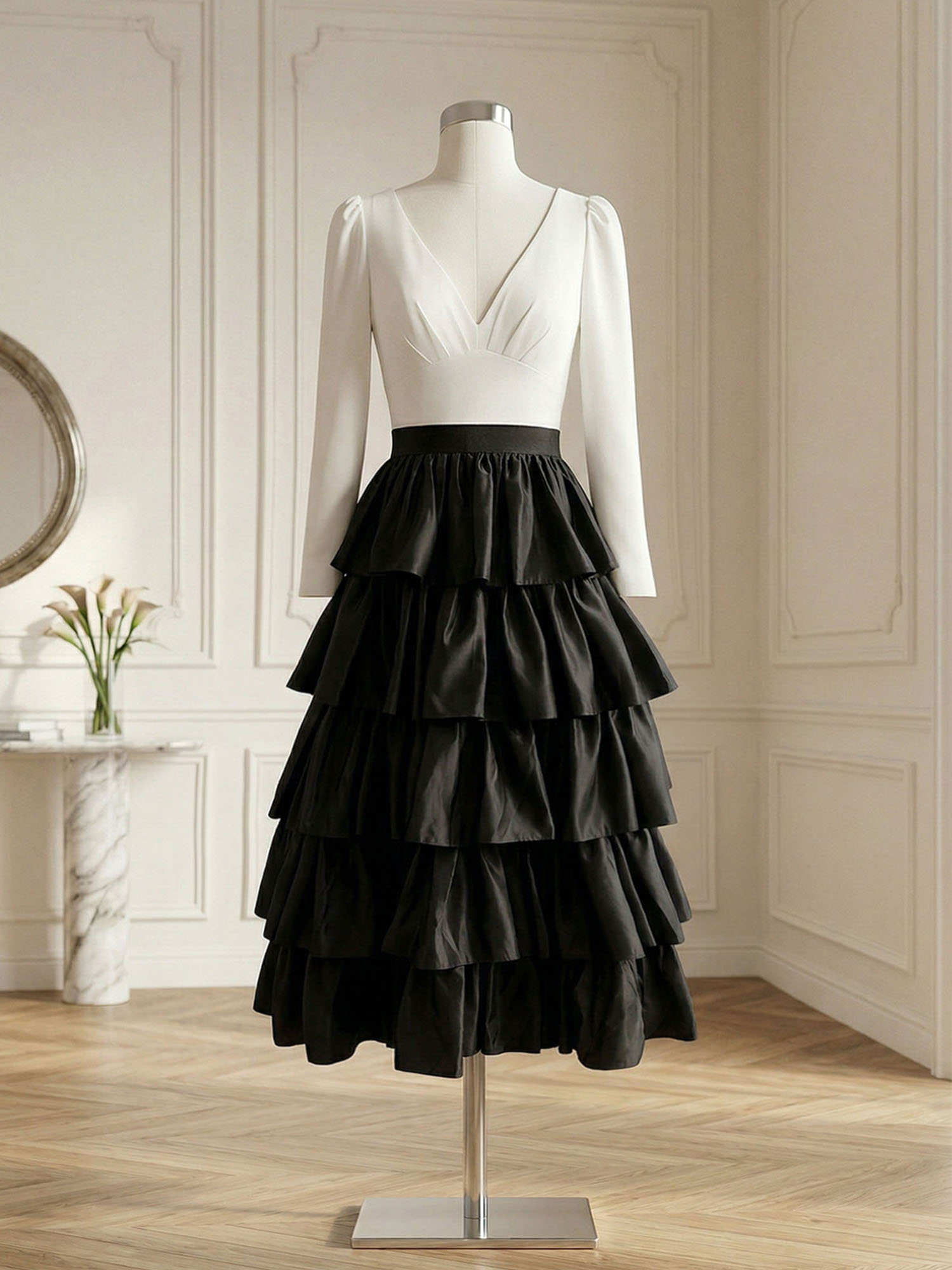 Elegant V-Neck Long Sleeve Tiered Ruffle Midi Dress with Contrast Waistband