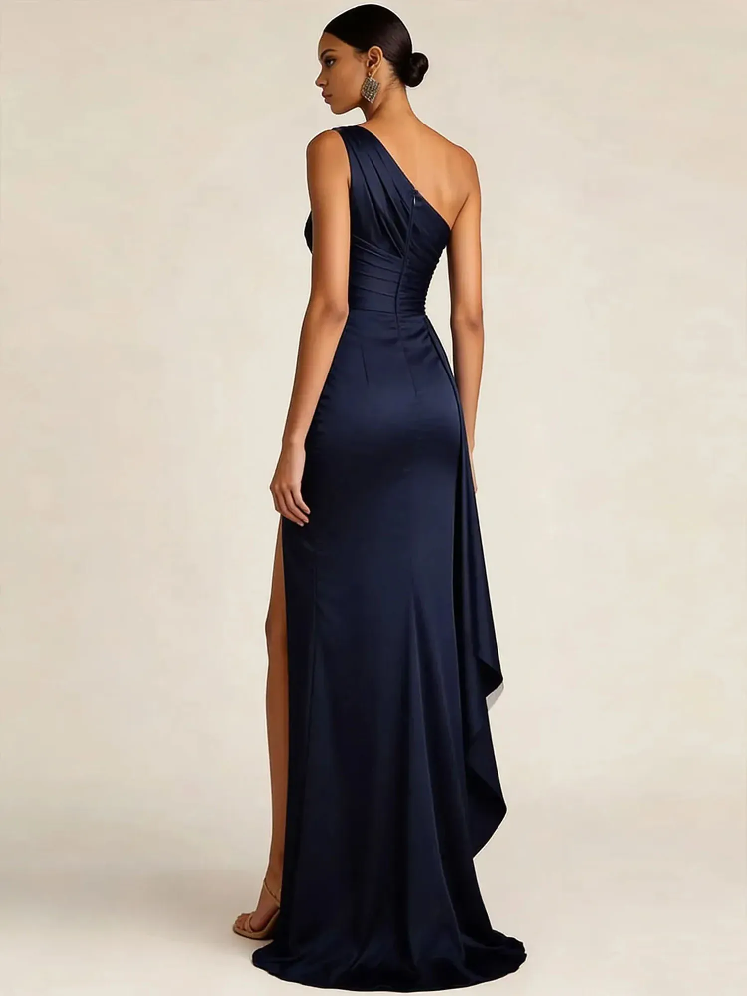 Sleek Foraml Evening Gown Midnight Navy One-Shoulder Satin Slit Maxi Dress