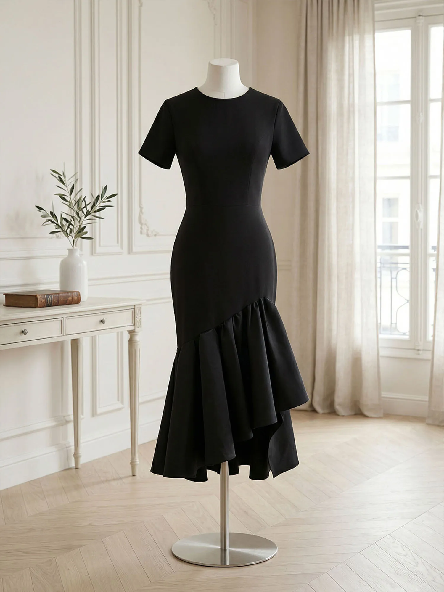 Evening Foraml Gown Avant-Garde Black Short-Sleeve Tiered Ruffle Midi Dress