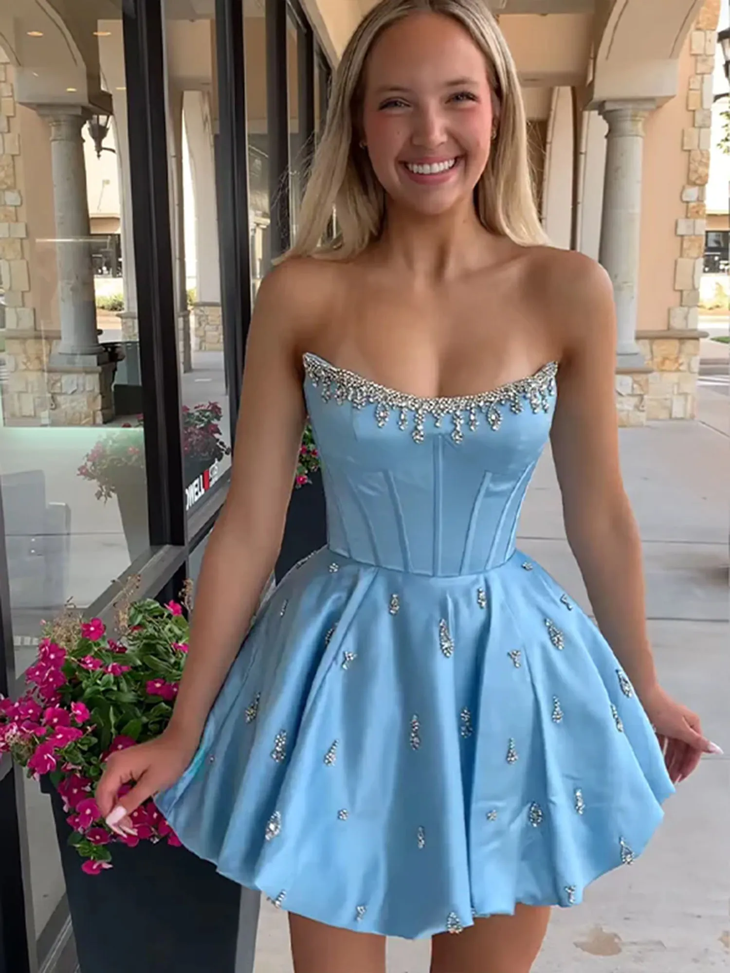Strapless Beaded Corset Lace-Up Back Satin Homecoming Dress