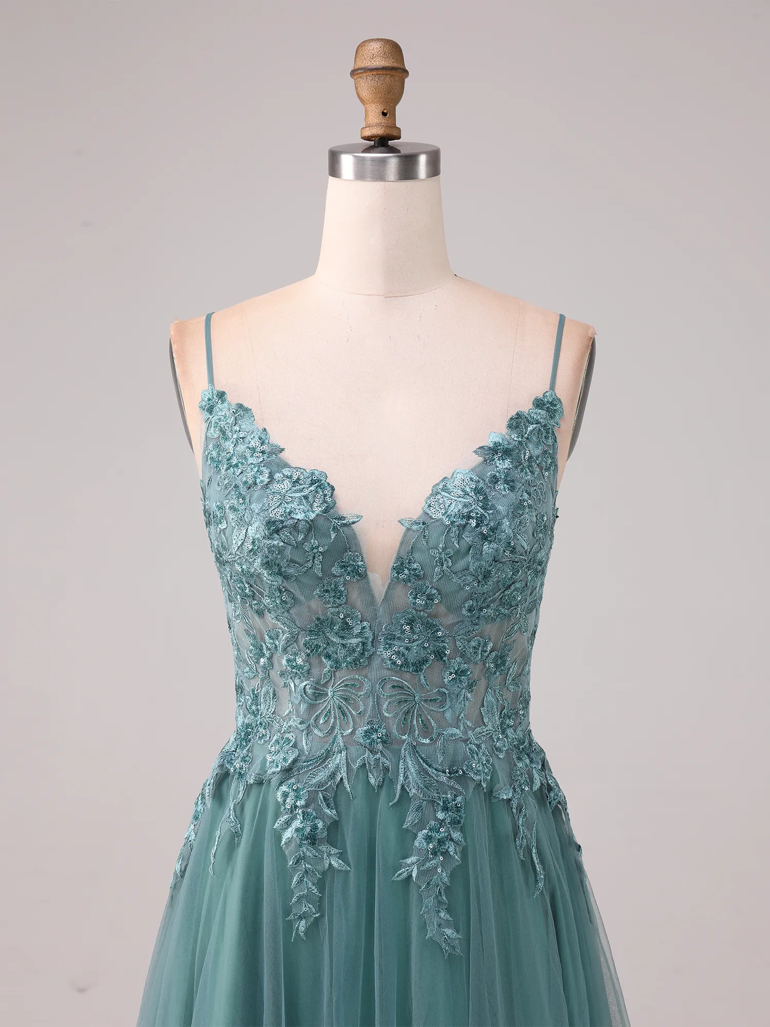 Dusty Teal Lace Appliqué Spaghetti Strap Tulle A-Line Prom Gown