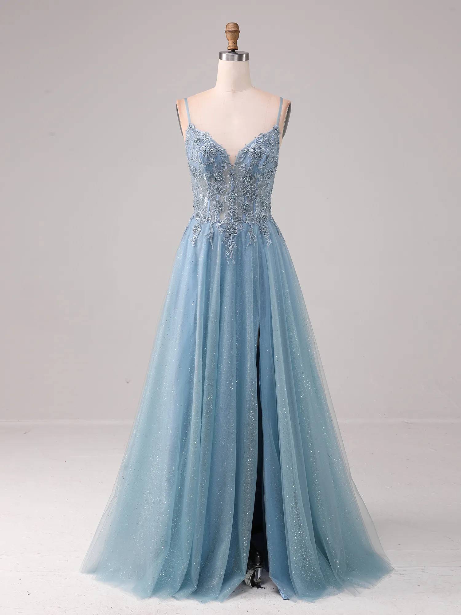 Sky Blue Spaghetti Strap Lace Appqué Glitter Tulle A-Line Prom Dress with Slit