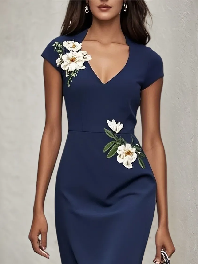 V-Neck Cap Sleeve Floral Embroidered Sheath Evening Dress