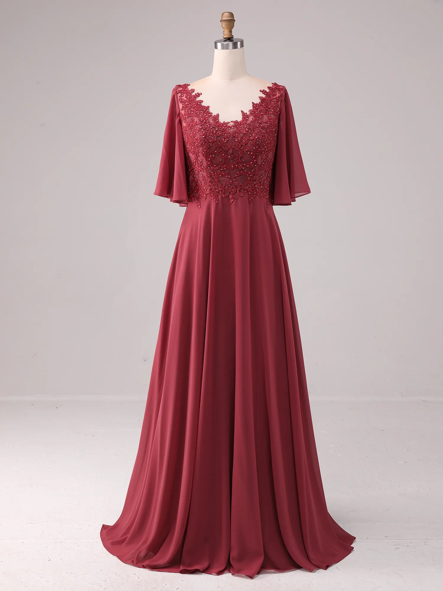 Burgundy Illusion Lace Flutter Sleeve Chiffon A-Line Mother of the Bride Dress