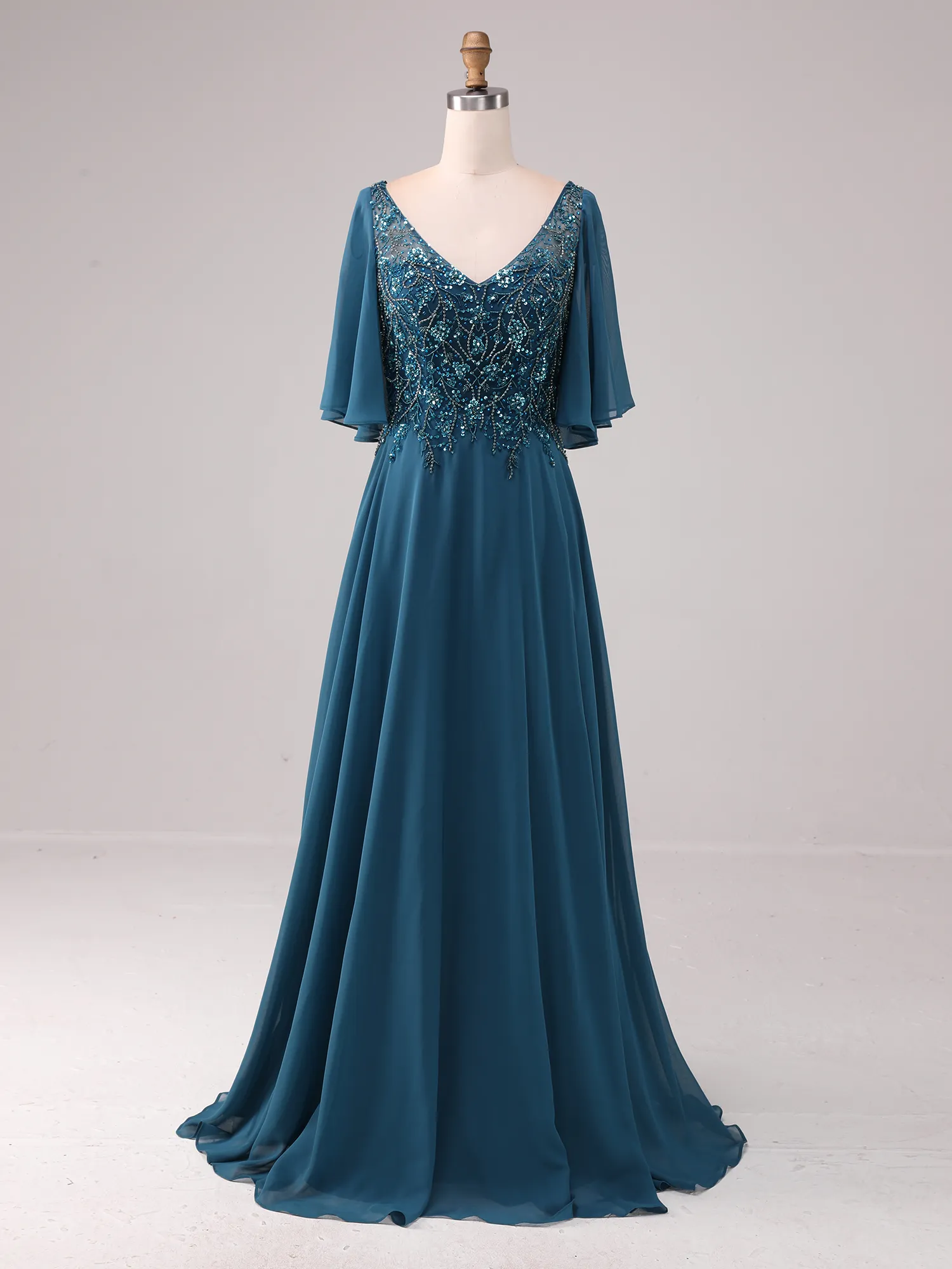 Peacock Blue Lace Appliqué Flutter Sleeve Chiffon A-Line Mother of the Bride Dress