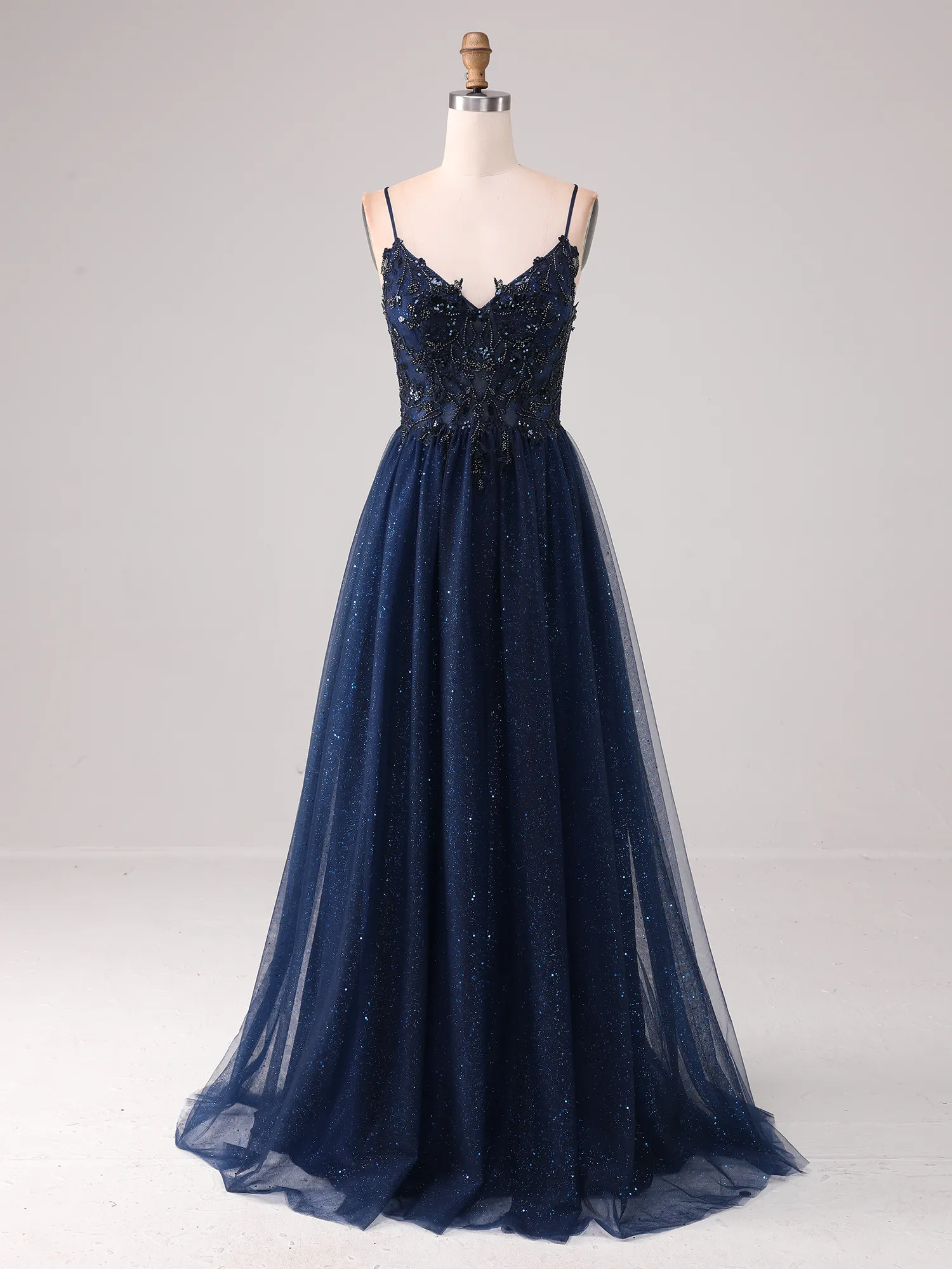 Navy Blue Spaghetti Strap Lace & Bead Glitter Tulle A-Line Prom Dress