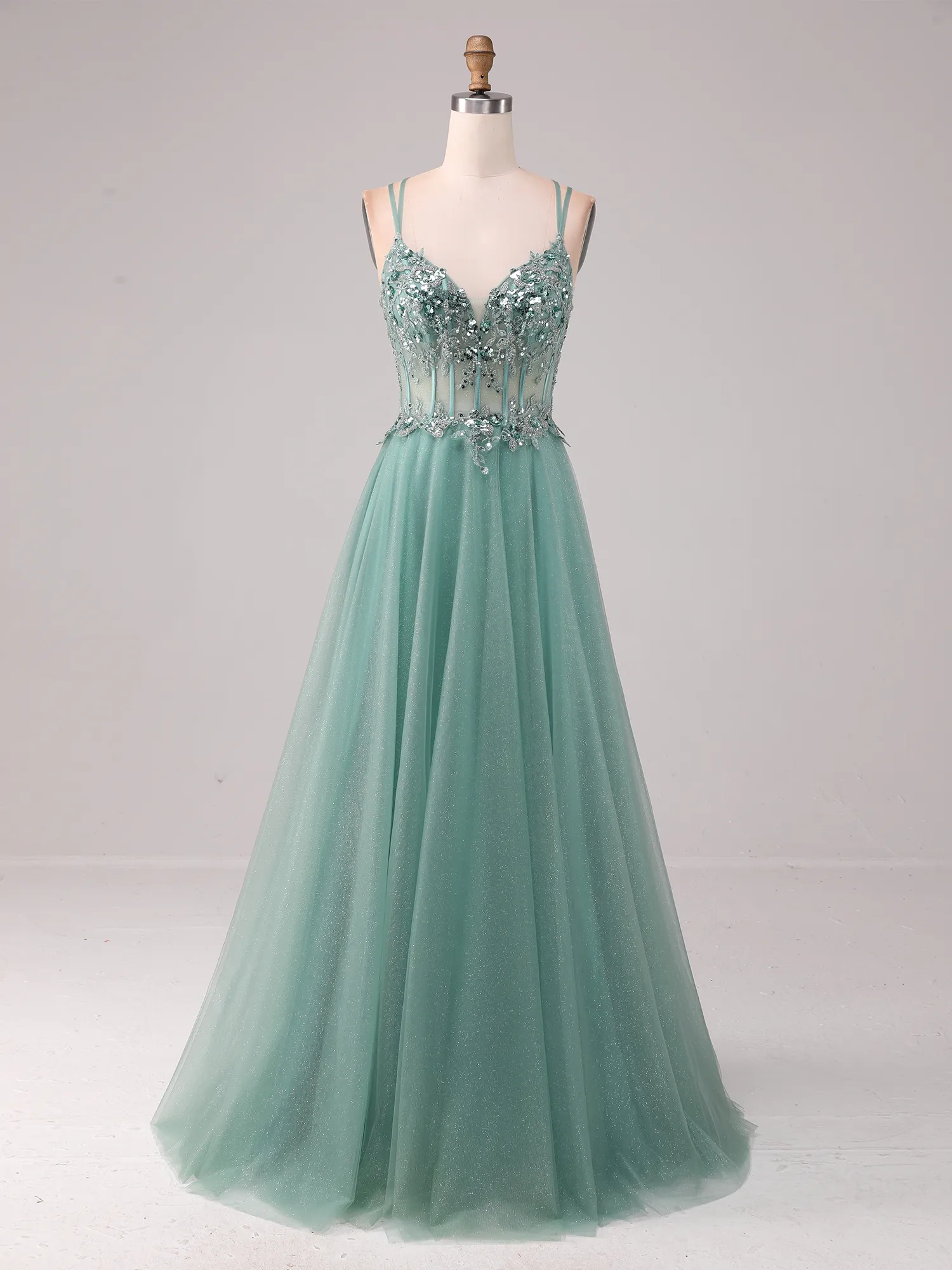 Dusty Sage Green Sequin Lace Corset Glitter Tulle A-Line Prom Dress with Crisscross Back