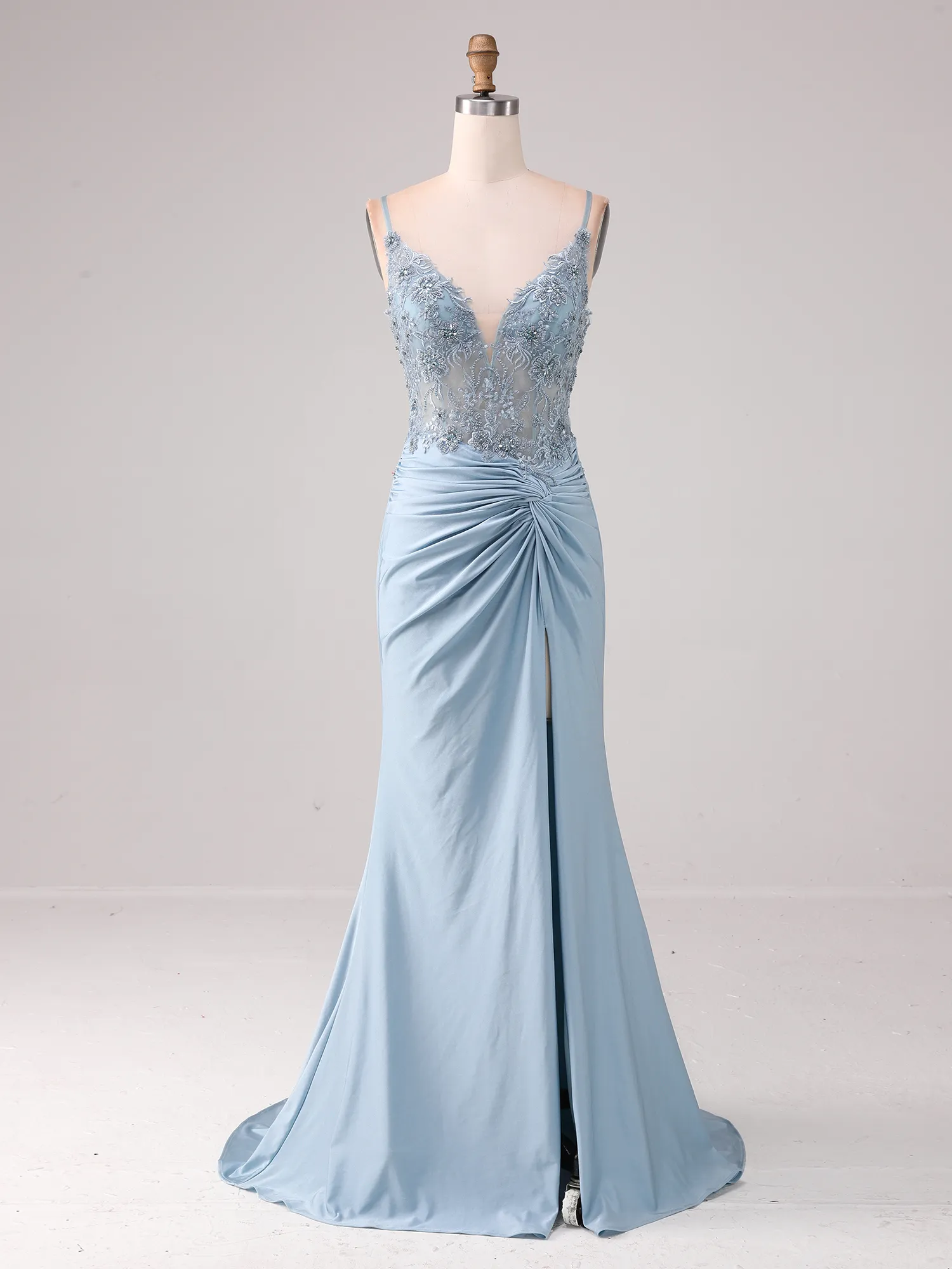 Sky Blue Lace Appqué Illusion Bodice Ruched Satin Mermaid Prom Dress