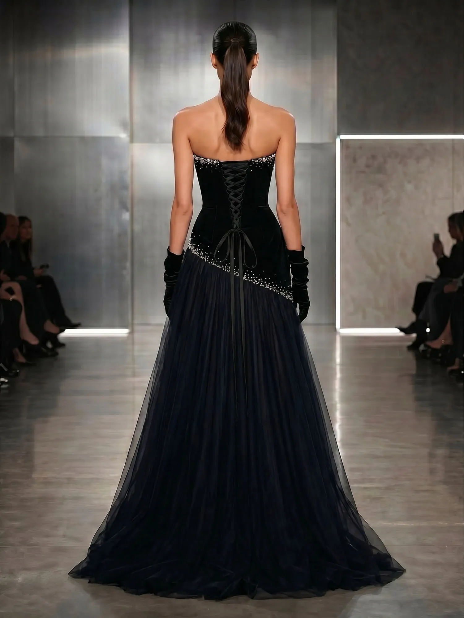 Strapless Tulle Beaded Corset Evening Gown Maxi Dress