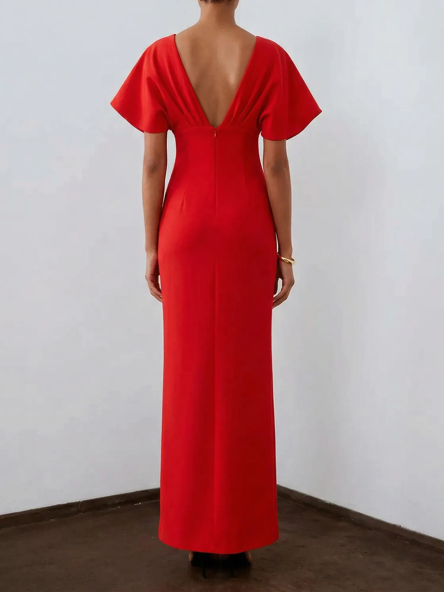 Floral Embroidered Boat Neck Batwing Sleeve Column Evening Gown