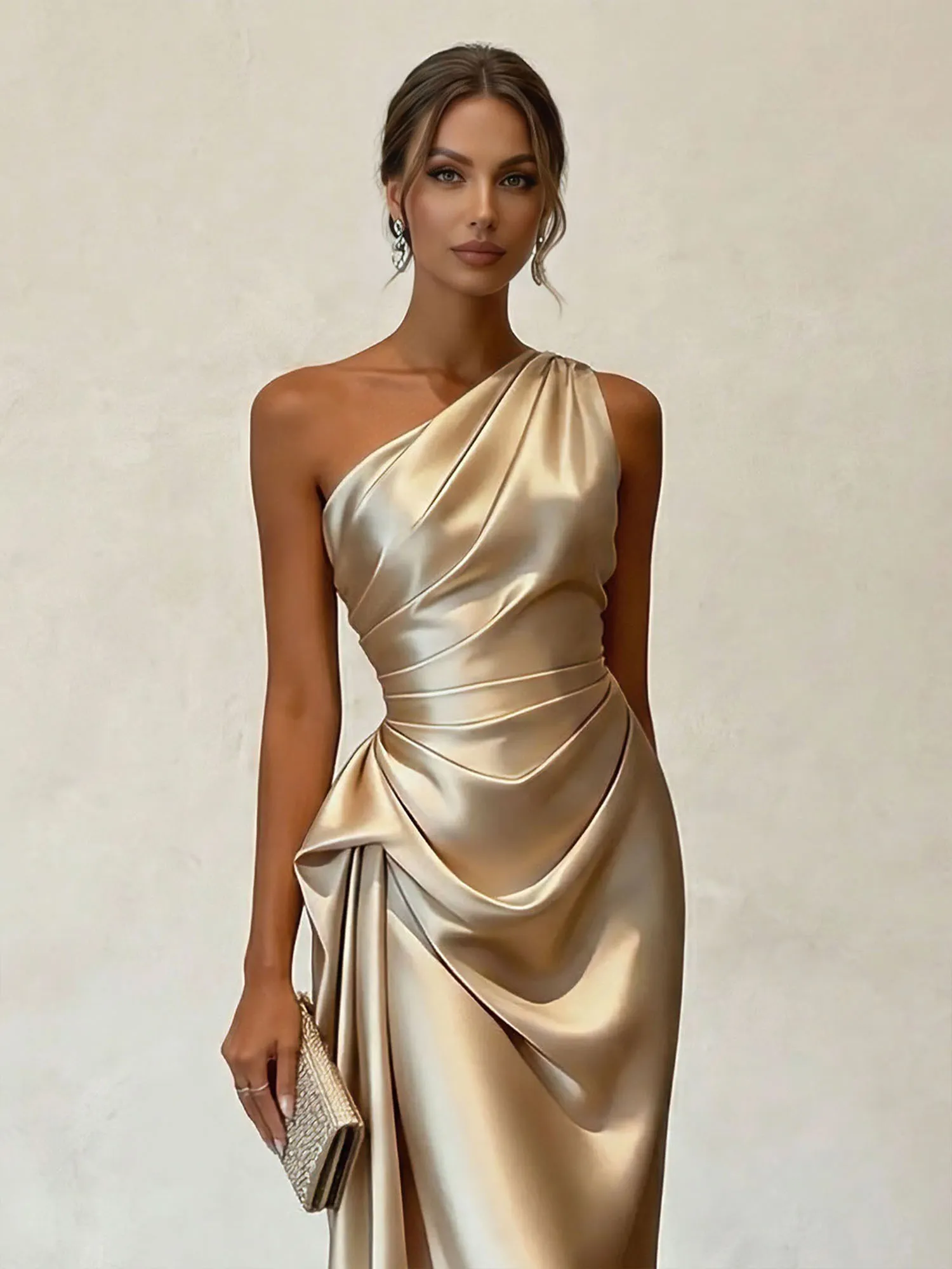 One-Shoulder Ruched Satin Midi Evening Dress with Draped Detail