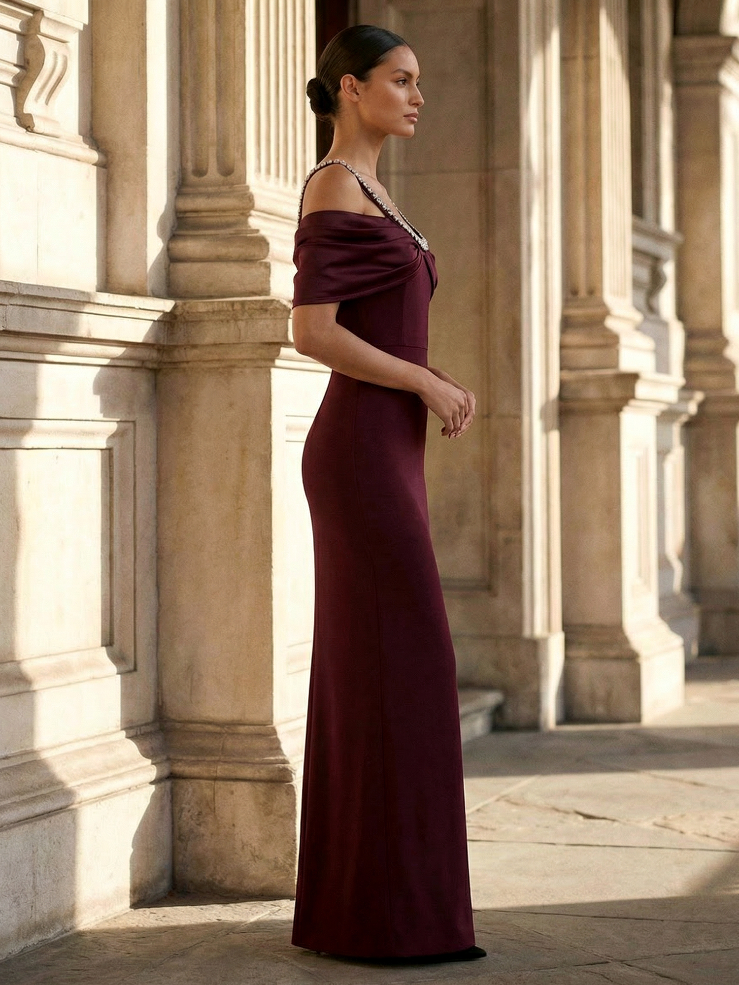 Burgundy Formal Evening Dress Sheath Cold Shoulder Maxi Dress