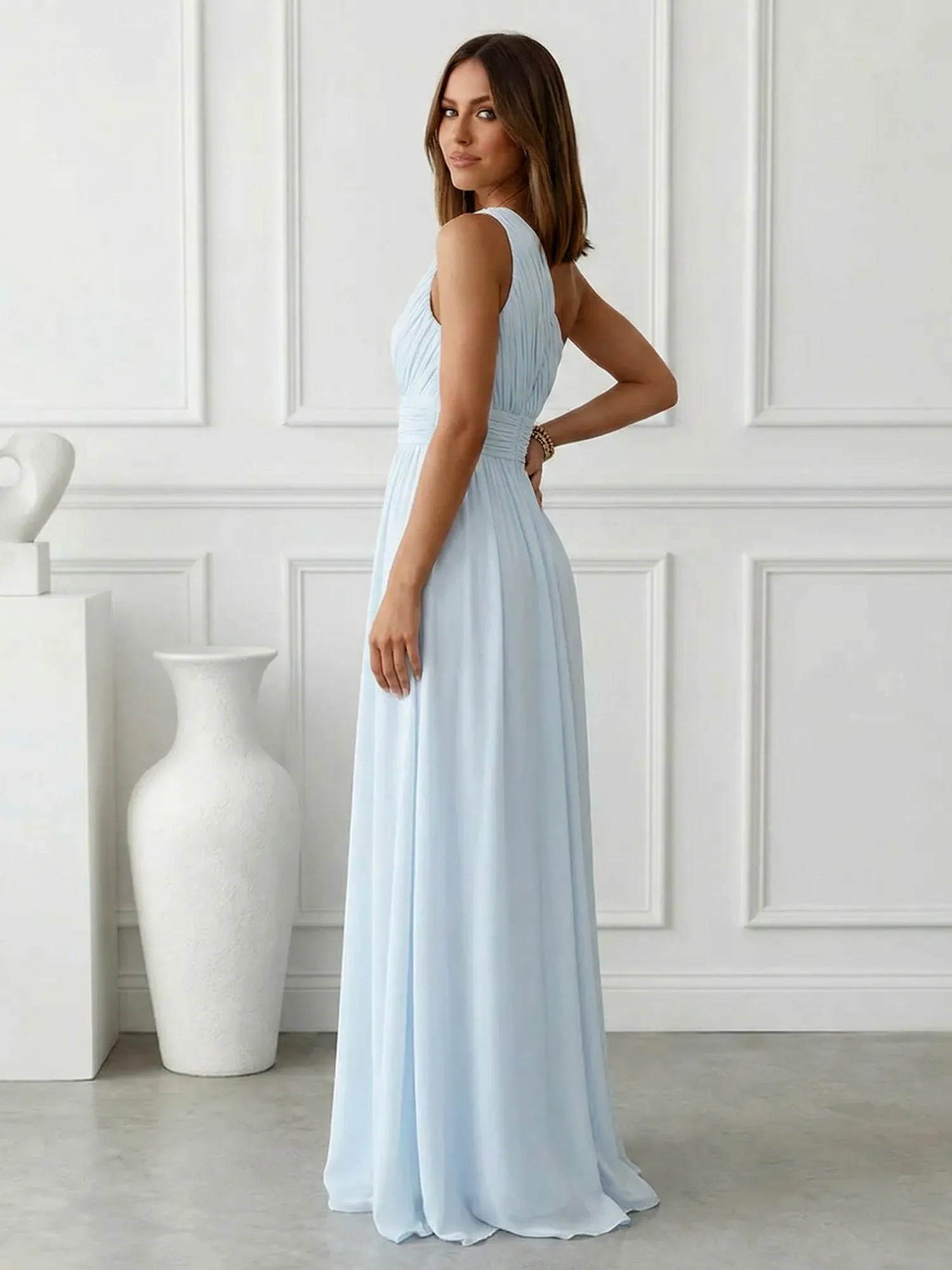 One-Shoulder Pleated Chiffon A-Line Evening Dress