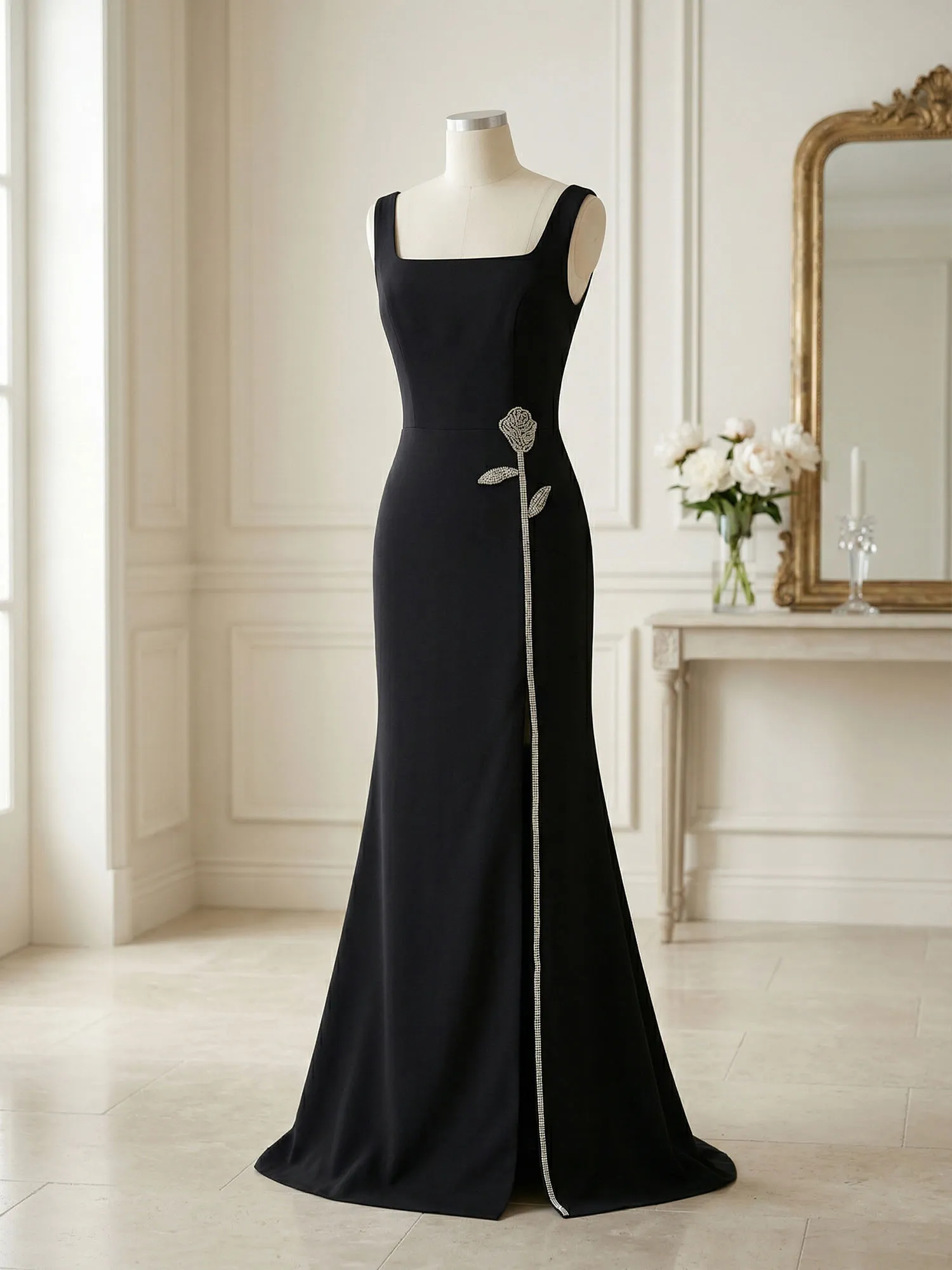 Square Neck Crystal Rose Appliqué Crepe Mermaid Evening Gown