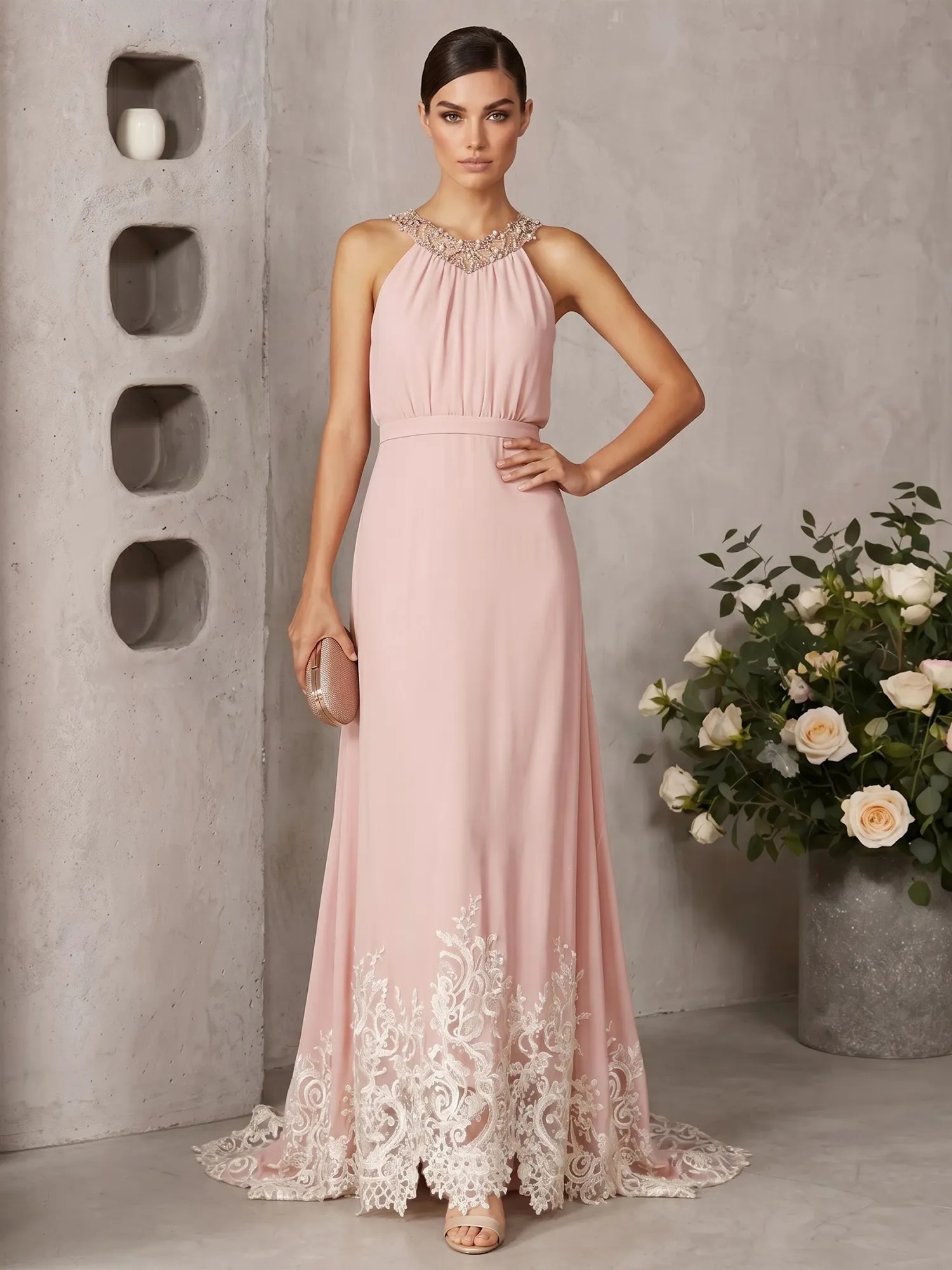 Halter Neck Beaded Chiffon Gown with Lace Hem
