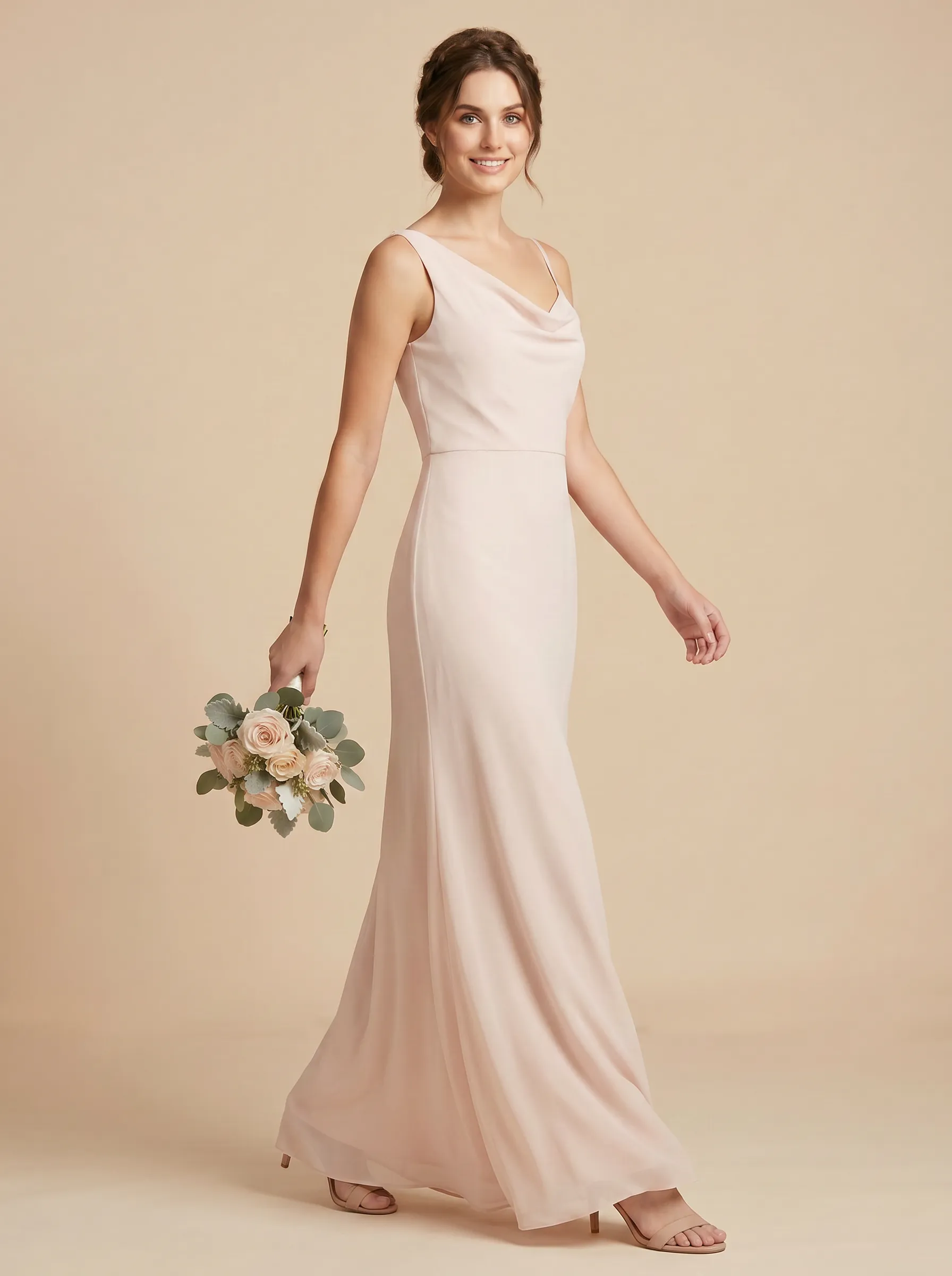 Blush Pink Asymmetric Cowl Neck Chiffon Bridesmaid Dress