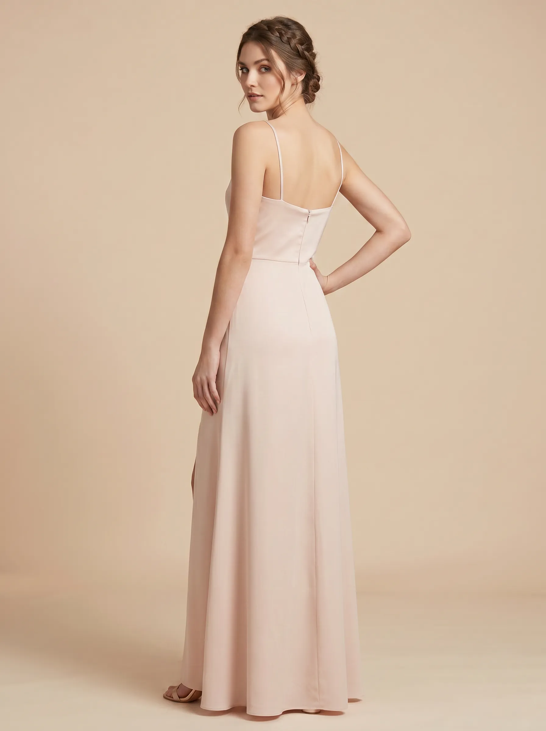 Blush Pink Cowl Neck Spaghetti Strap Chiffon Bridesmaid Dress with Slit