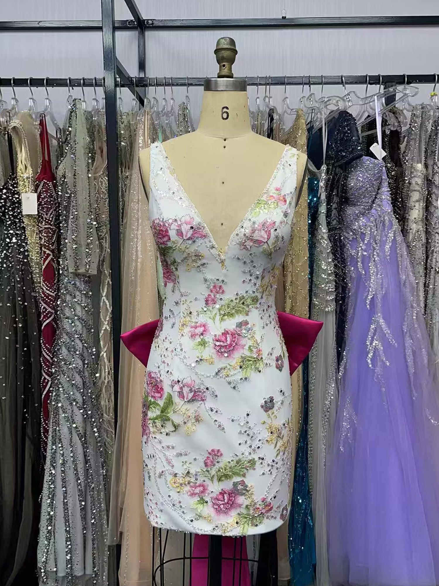 Floral Beaded Homecoming Dress with Oversized Pink Bow