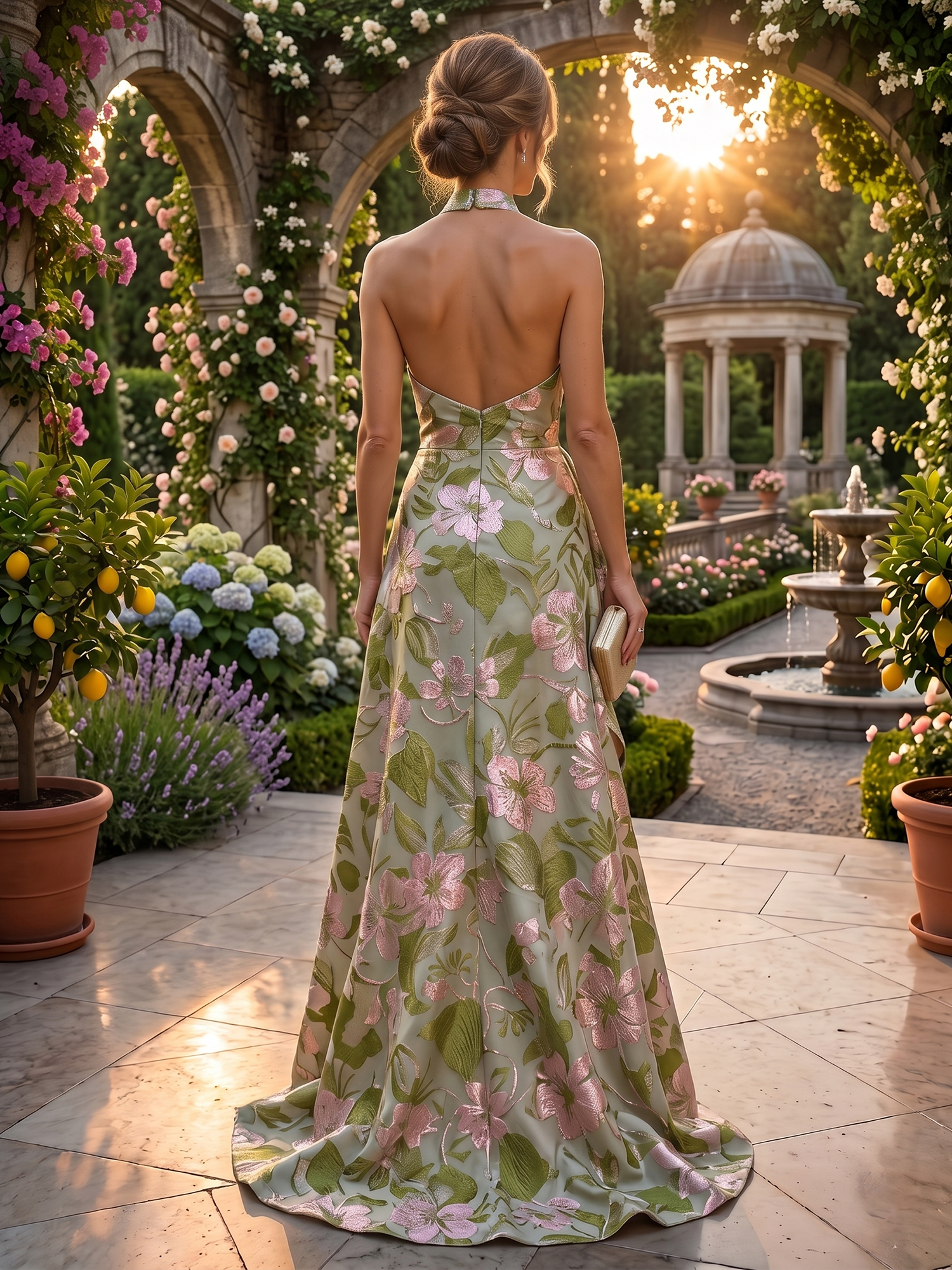 Sage Green Botanical Elegance Halter Neck Jacquard Mother of the Bride & Groom Dresses