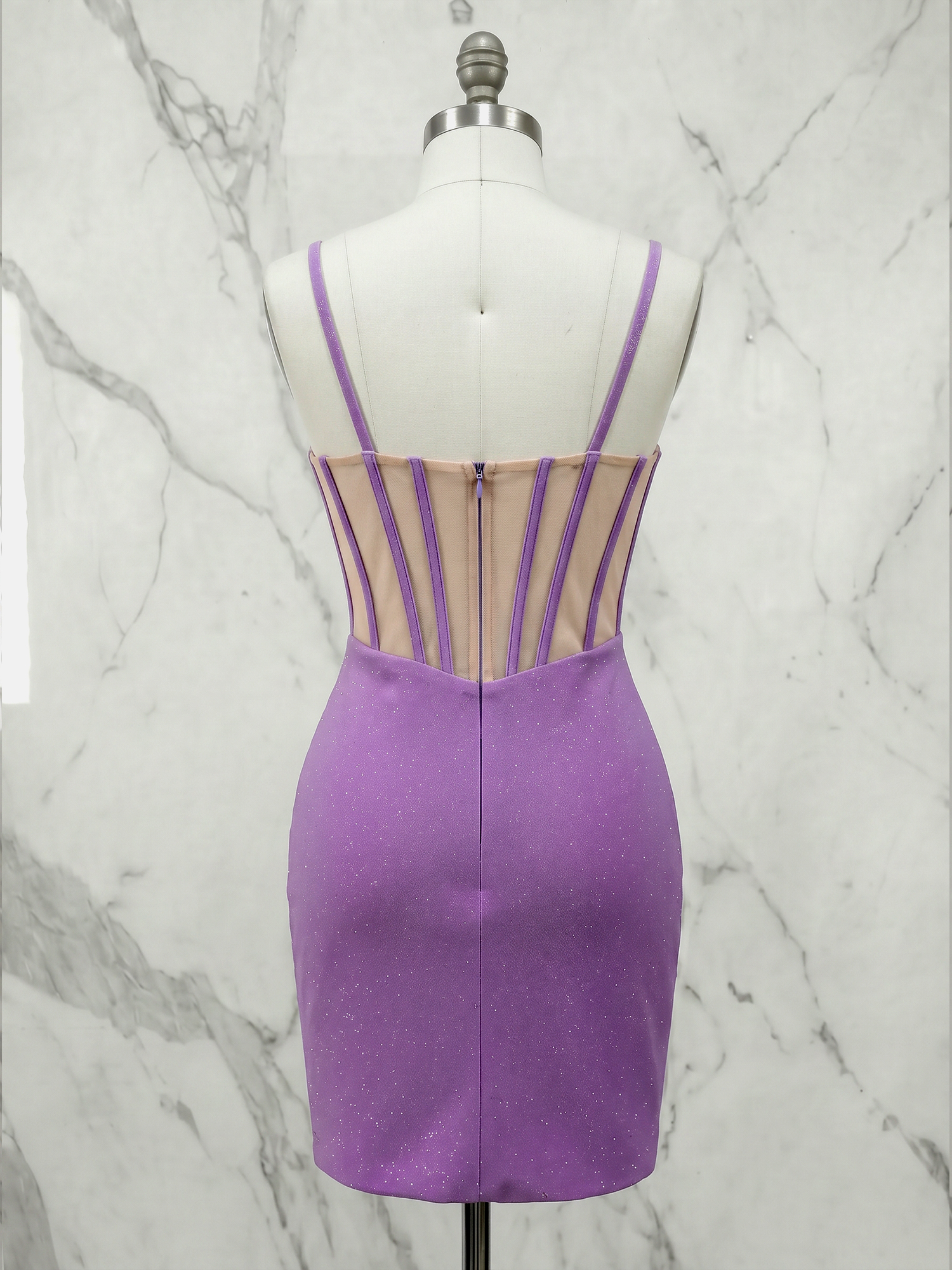 Glamorous Lavender Rhinestone Trim Sheer Illusion Corset Shimmer Homecoming Dress