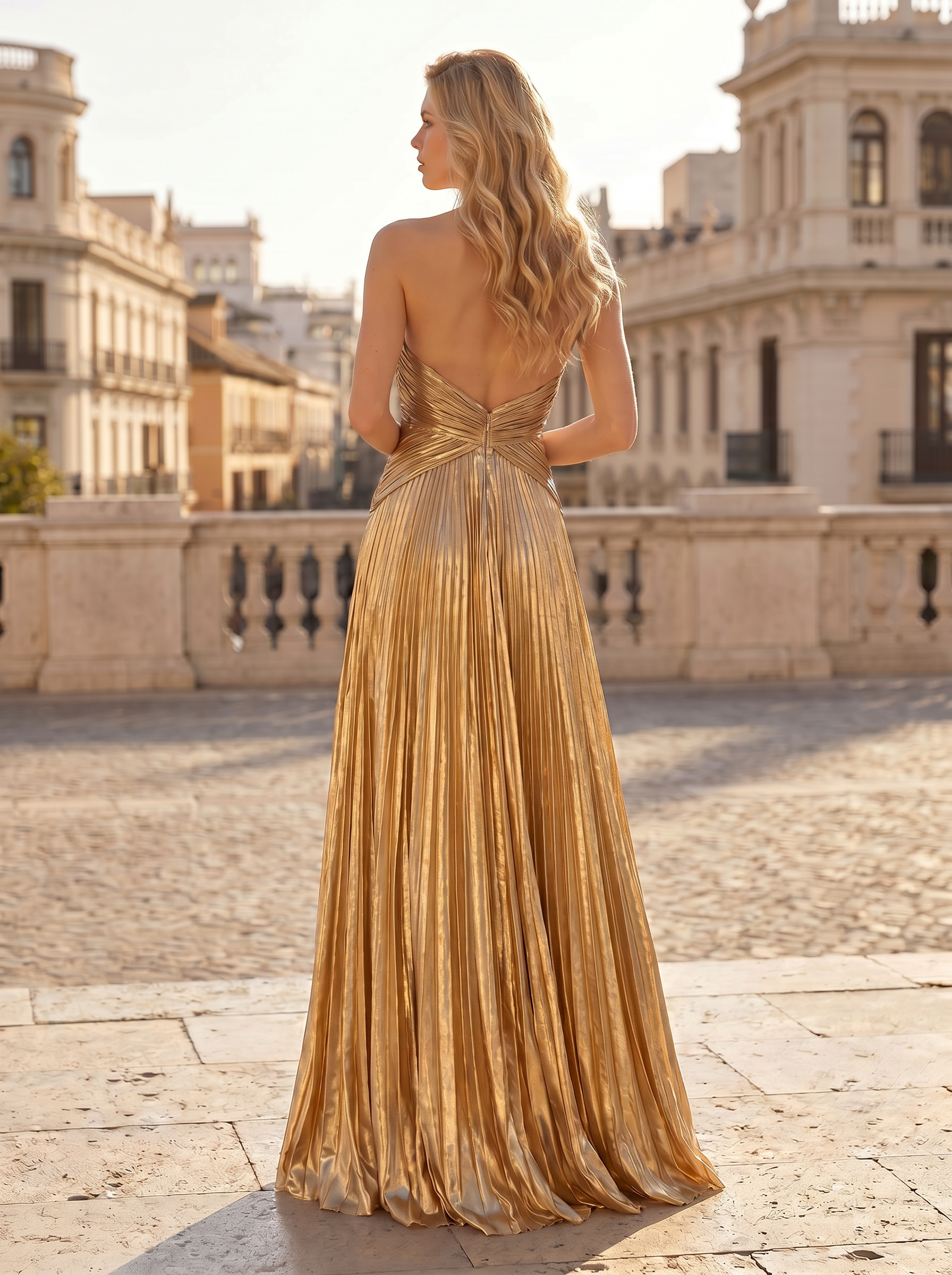 Radiant Golden Hour Embellished Pleated Strapless Sweetheart A-Line Formal Evening Dress 