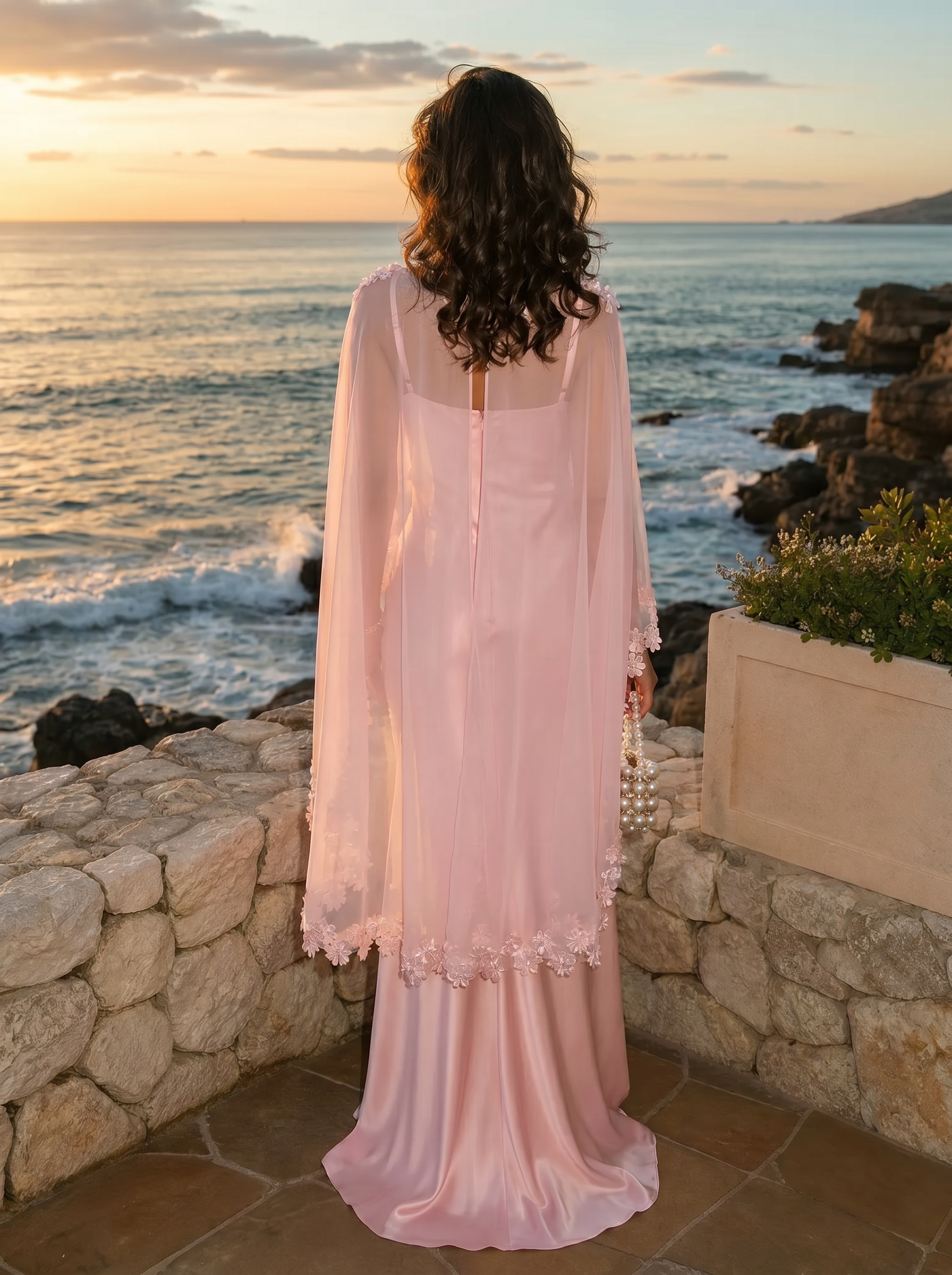 Romantic Blush Pink Satin Slip Formal Evening Dress with Floral Overlay Cape