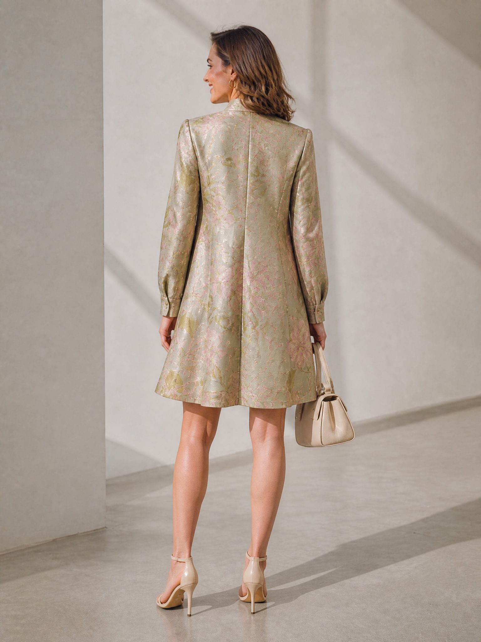 Ethereal Sage Brocade Pussy-Bow Shift Long-Sleeve A-Line Mini Gown Dress