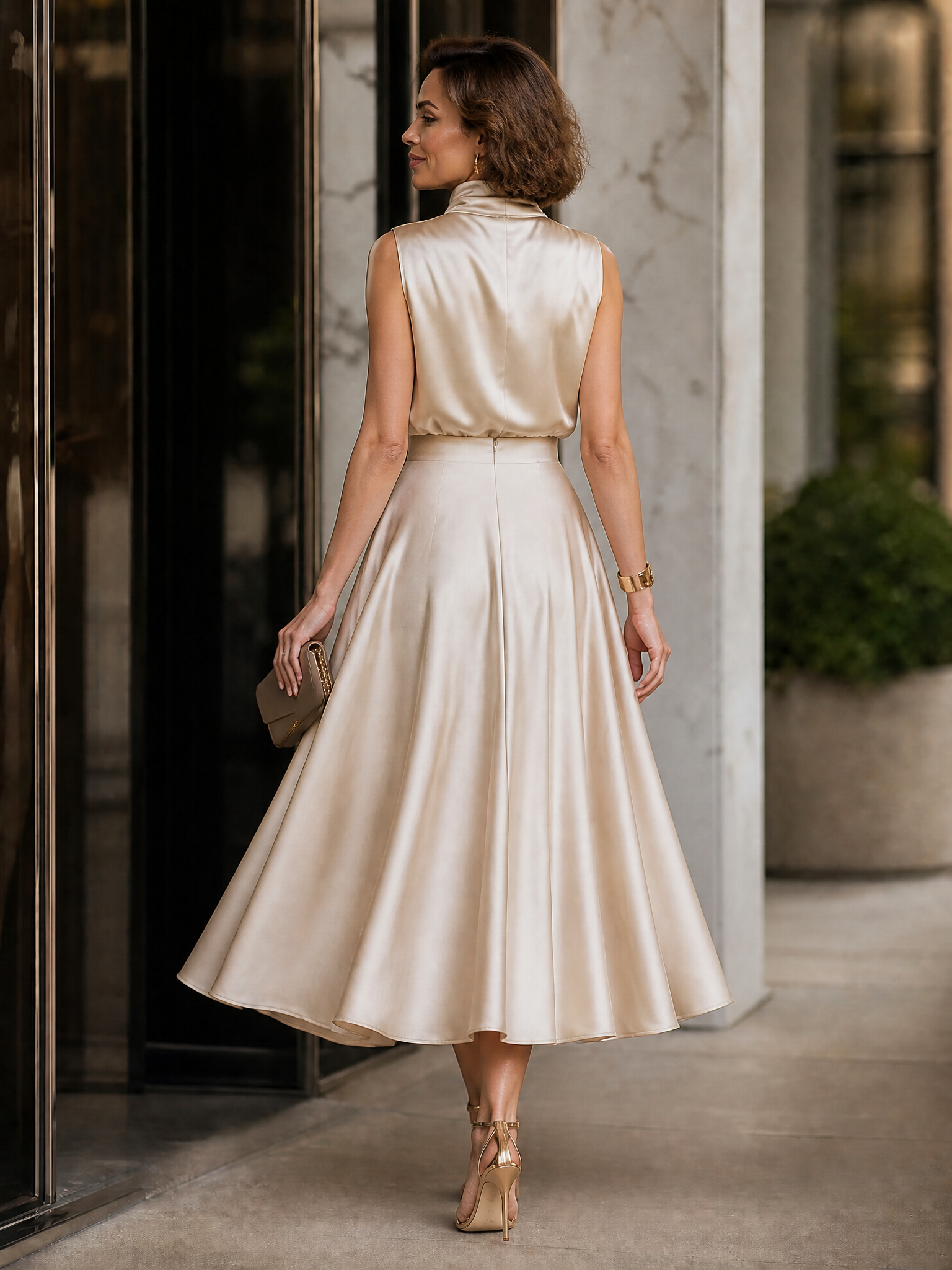 Champagne Satin Cowl-Neck Sleeveless A-Line Midi Evening Gown Dress 