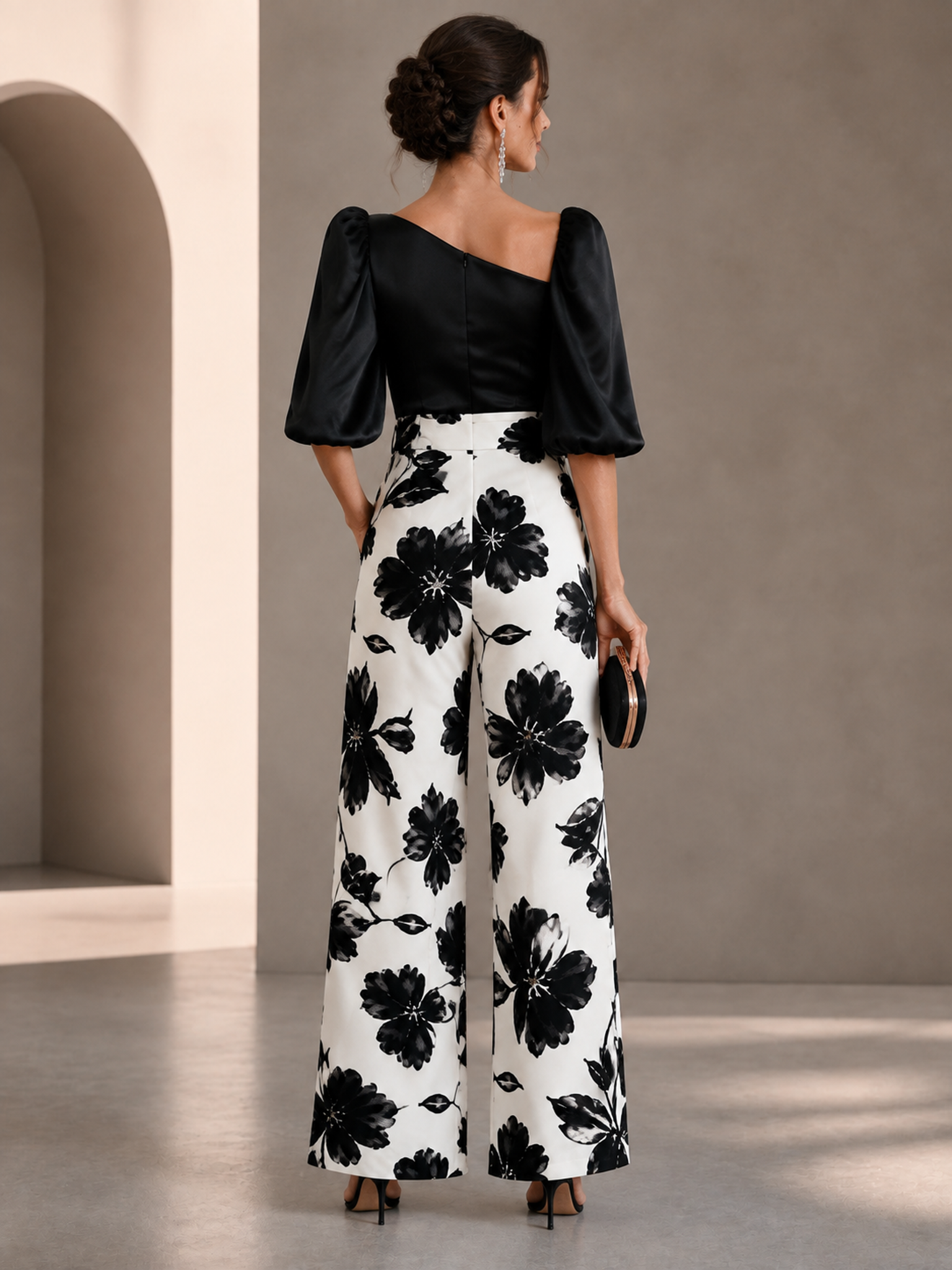 Black Floral Satin One Shoulder Jumpsuit Set Evening Gown Dress 