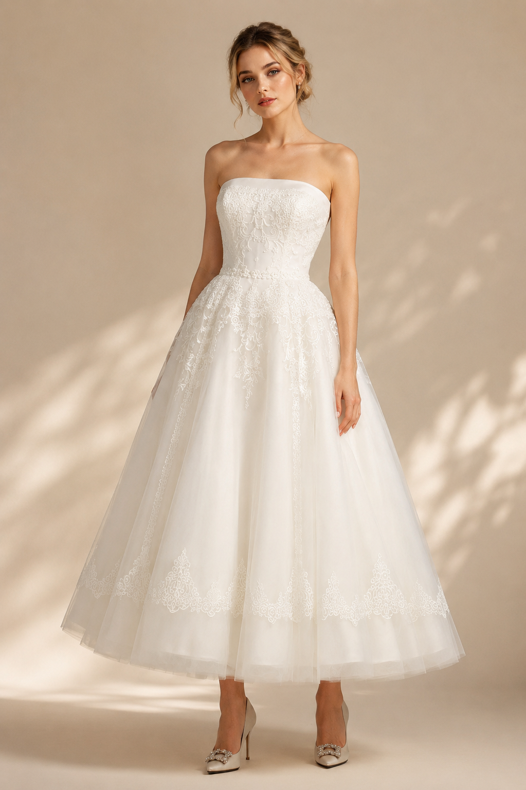 White Strapless Lace-Trimmed A-Line Midi Wedding Dress 