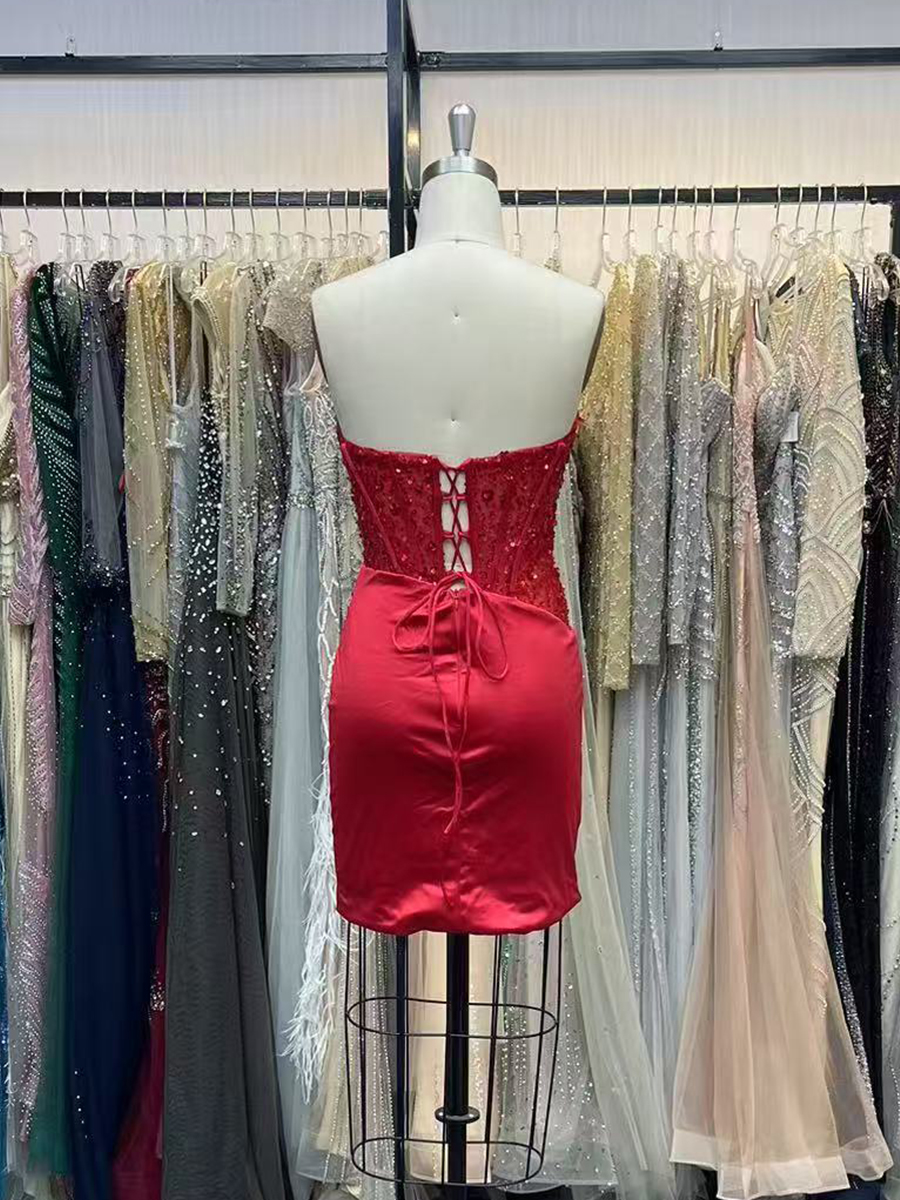 Strapless Sequin Corset Satin Bodycon Homecoming Dress